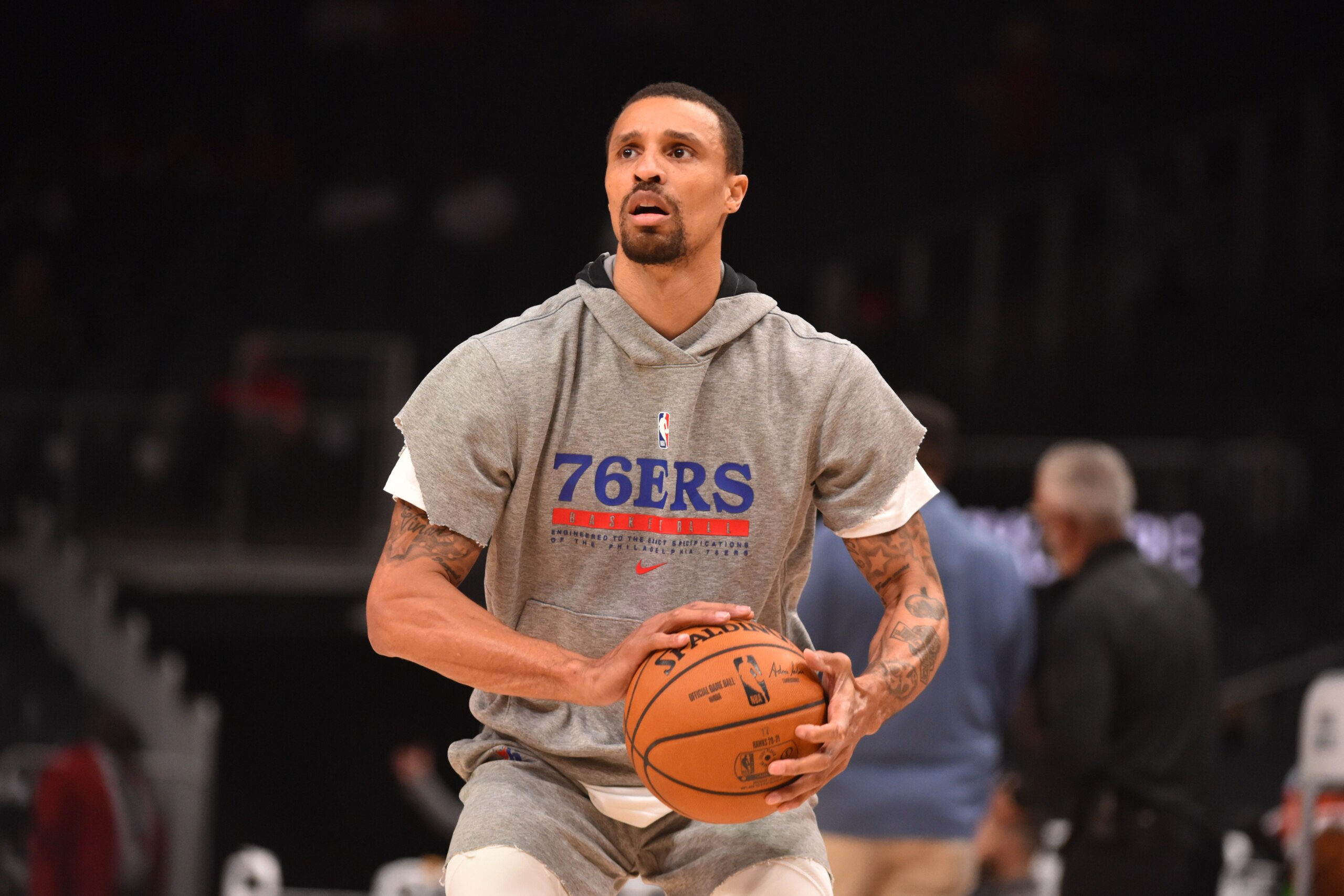 ATLANTA, GA - JUNE 18: George Hill #33 of the Philadelphia 76ers warms up prior to a game against the Atlanta Hawks during Round 2, Game 6 of the Eastern Conference Playoffs on June 18, 2021 at State Farm Arena in Atlanta, Georgia. NOTE TO USER: User expressly acknowledges and agrees that, by downloading and/or using this Photograph, user is consenting to the terms and conditions of the Getty Images License Agreement. Mandatory Copyright Notice: Copyright 2021 NBAE (Photo by Jesse D. Garrabrant/NBAE via Getty Images) ATLANTA, GA - JUNE 18: George Hill #33 of the Philadelphia 76ers warms up prior to a game against the Atlanta Hawks during Round 2, Game 6 of the Eastern Conference Playoffs on June 18, 2021 at State Farm Arena in Atlanta, Georgia. NOTE TO USER: User expressly acknowledges and agrees that, by downloading and/or using this Photograph, user is consenting to the terms and conditions of the Getty Images License Agreement. Mandatory Copyright Notice: Copyright 2021 NBAE (Photo by Jesse D. Garrabrant/NBAE via Getty Images)