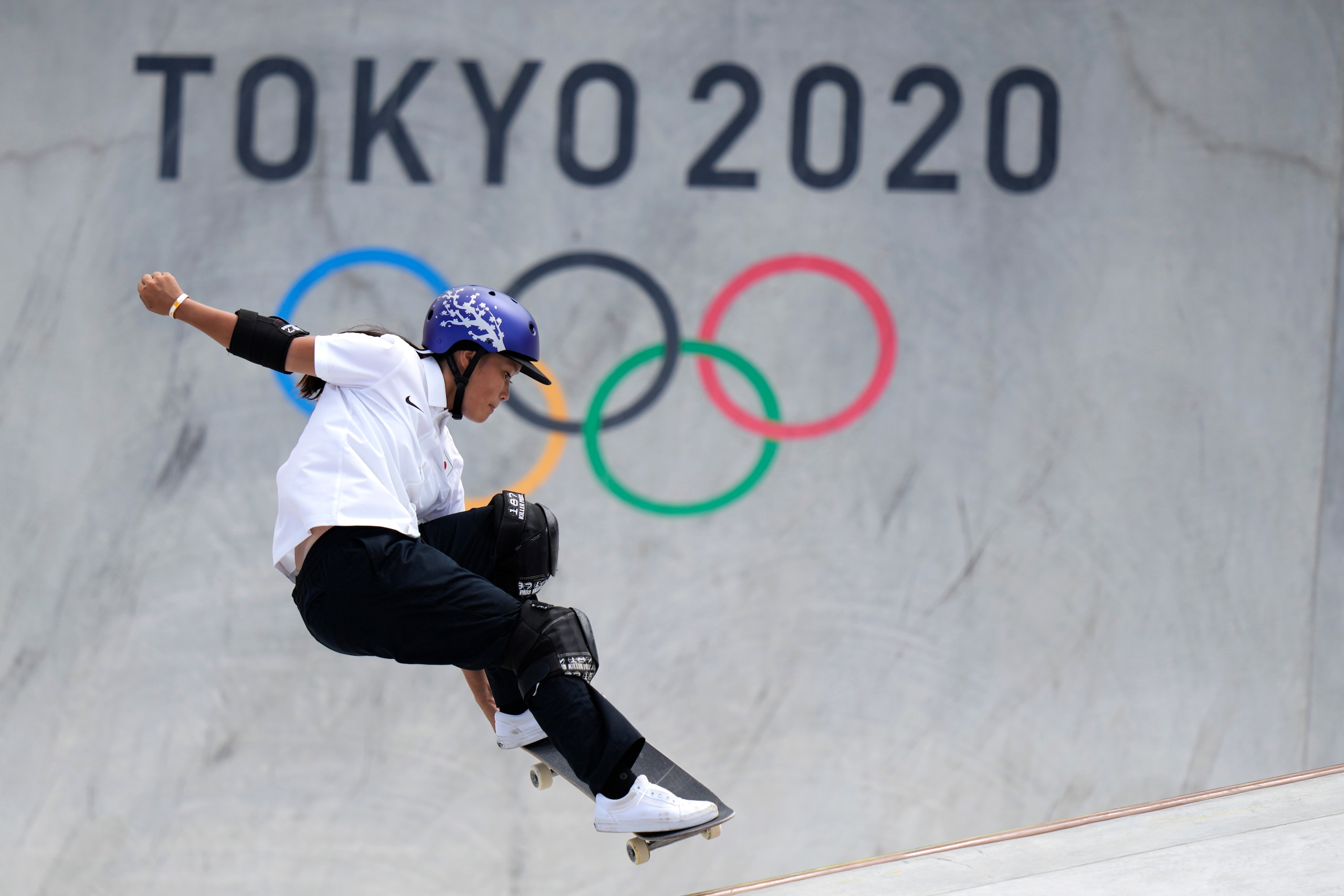 Sakura Yosozumi of Japan competes in the women's park skateboarding prelims at the 2020 Summer Olympics, Wednesday, Aug. 4, 2021, in Tokyo, Japan. (AP Photo/Ben Curtis)