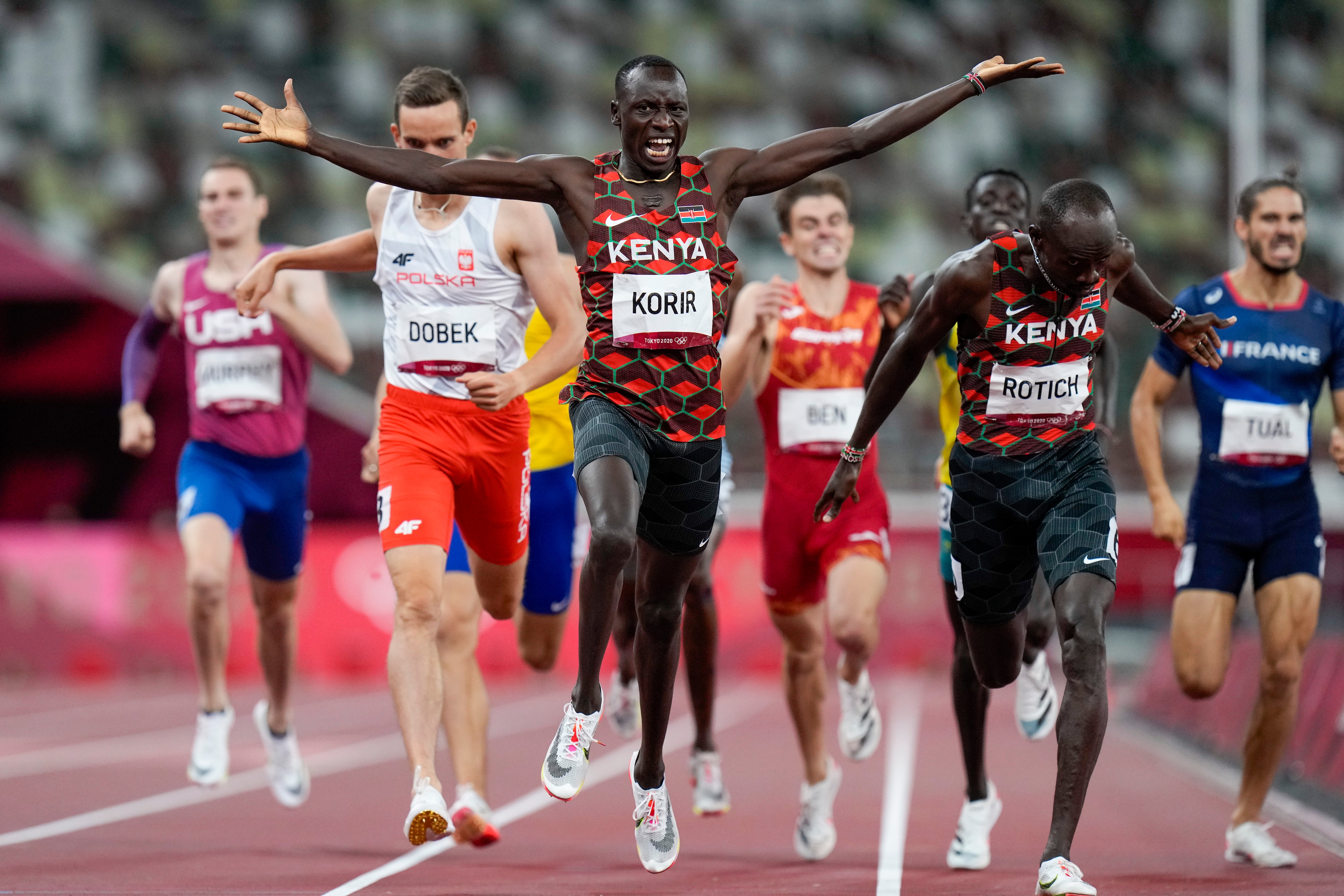 Emmanuel Korir, of Kenya, wins the men's 800-meter final at the 2020 Summer Olympics, Wednesday, Aug. 4, 2021, in Tokyo. (AP Photo/Petr David Josek)