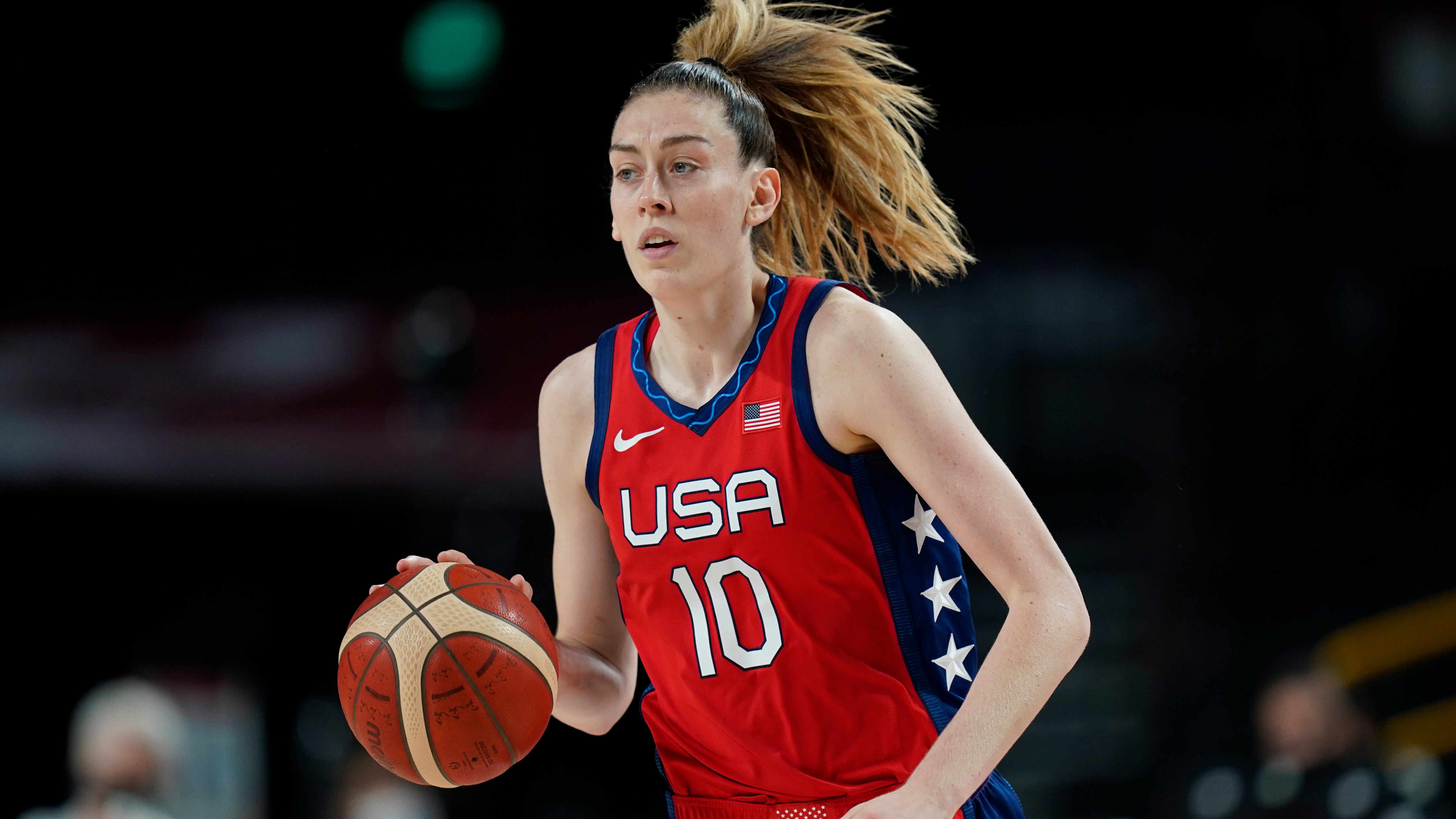 United States's Breanna Stewart (10) during a women's basketball quarterfinal game against Australia at the 2020 Summer Olympics, Wednesday, Aug. 4, 2021, in Saitama, Japan. (AP Photo/Eric Gay)
