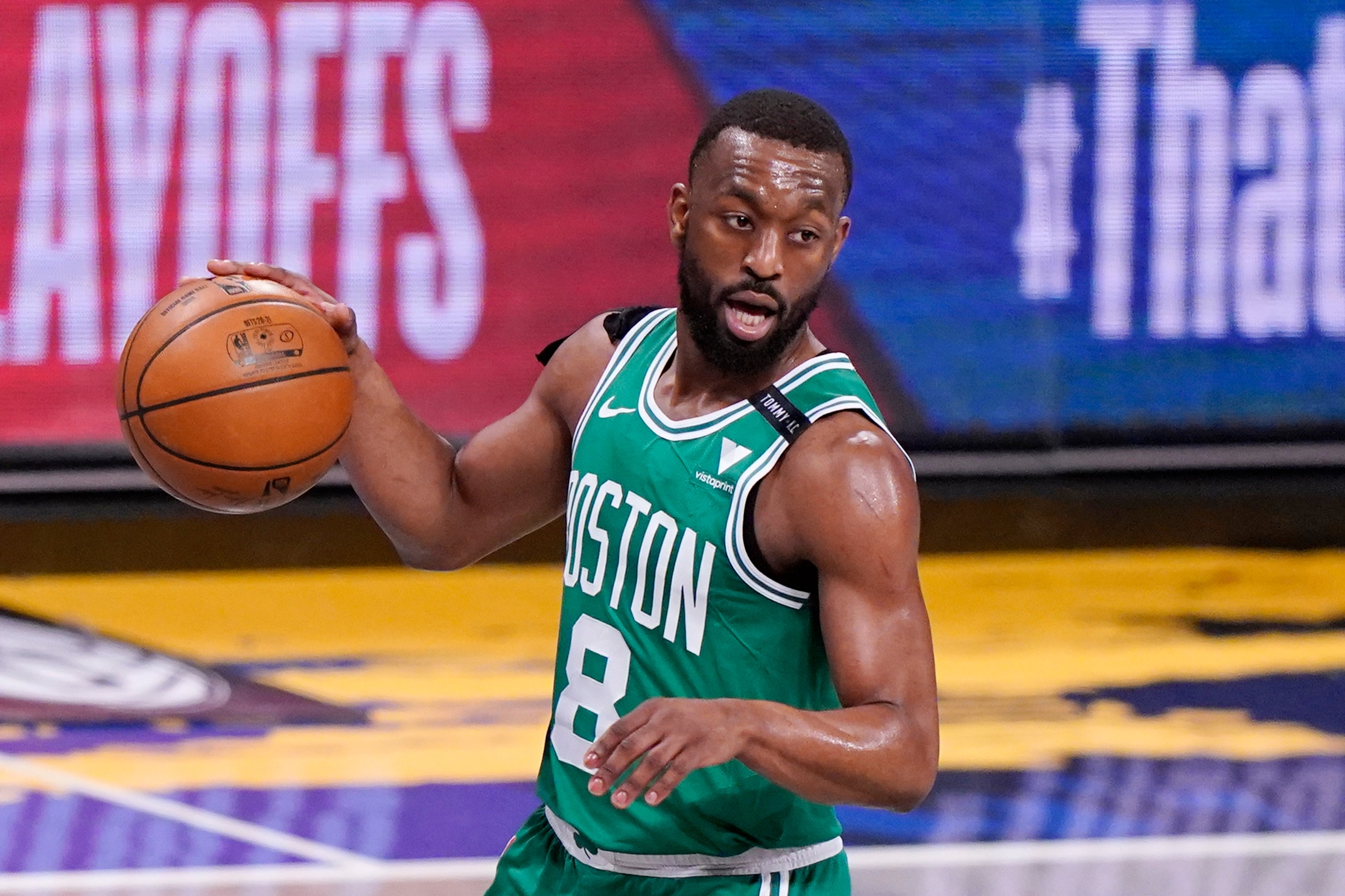 Boston Celtics guard Kemba Walker (8) looks for his next move during the first quarter of Game 2 of an NBA basketball first-round playoff series against the Brooklyn Nets, Tuesday, May 25, 2021, in New York. (AP Photo/Kathy Willens) Boston Celtics guard Kemba Walker (8) looks for his next move during the first quarter of Game 2 of an NBA basketball first-round playoff series against the Brooklyn Nets, Tuesday, May 25, 2021, in New York. (AP Photo/Kathy Willens)