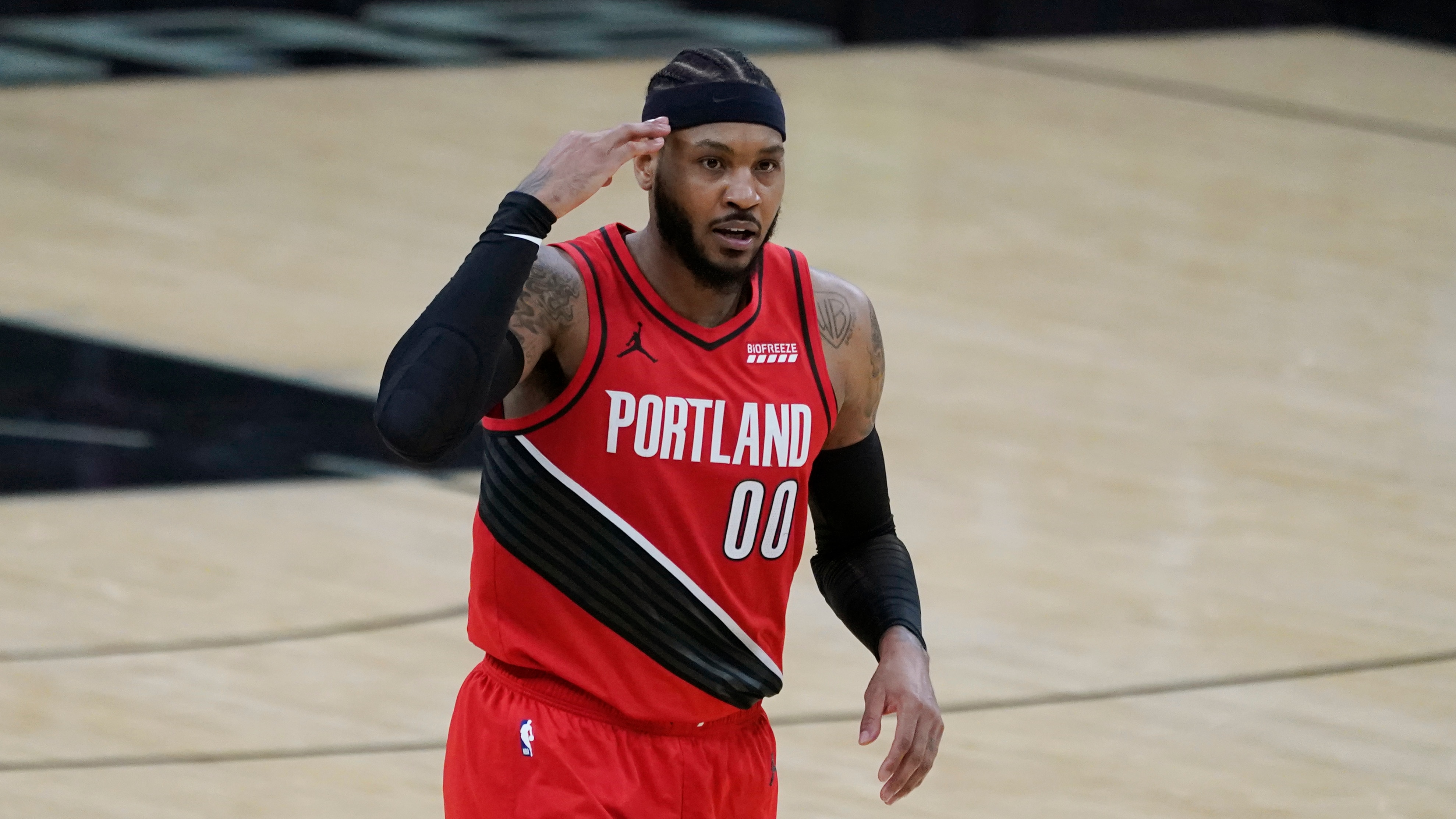 Portland Trail Blazers forward Carmelo Anthony (00) during the second half of an NBA basketball game against the San Antonio Spurs in San Antonio, Friday, April 16, 2021. (AP Photo/Eric Gay)