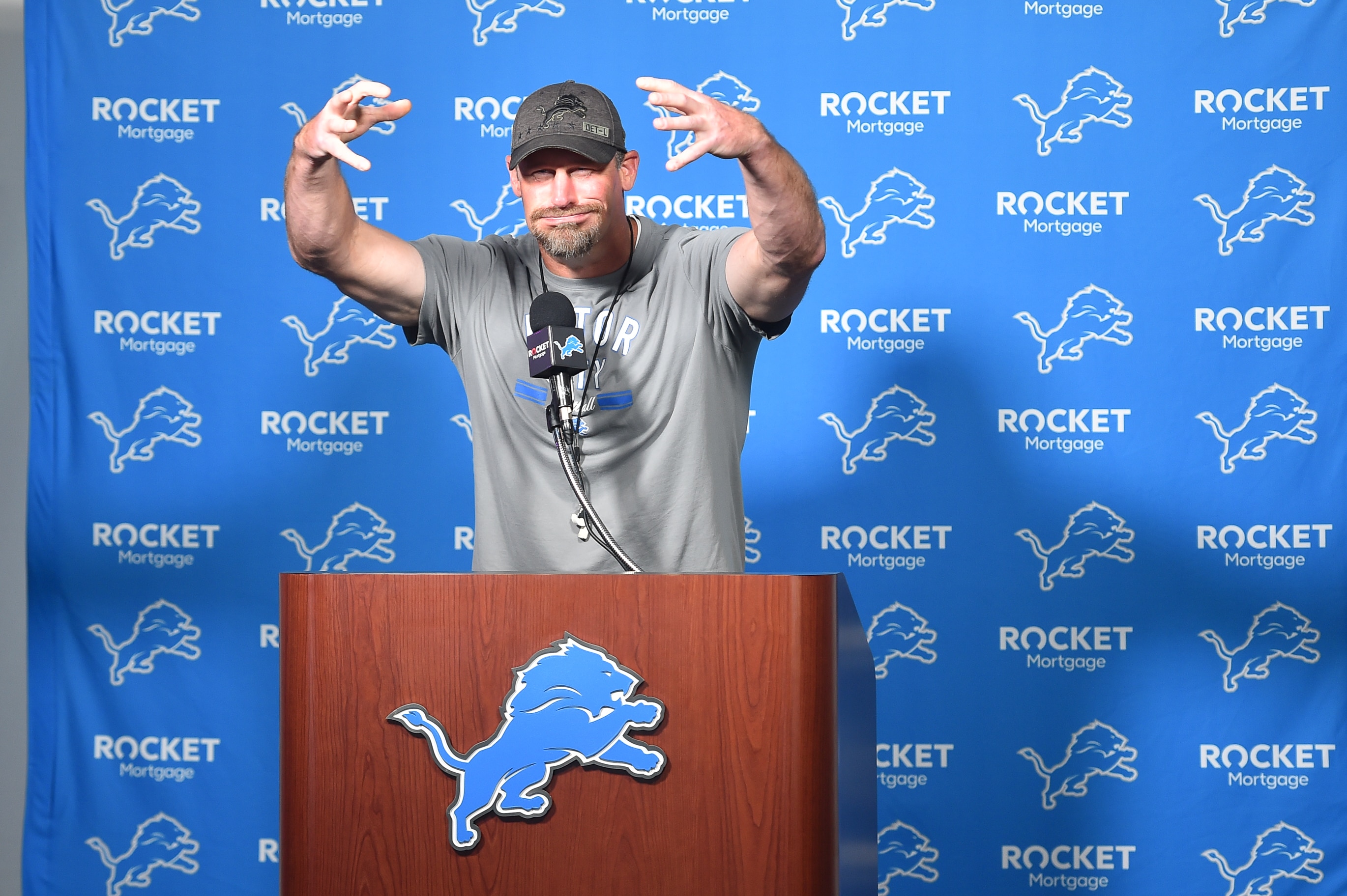DETROIT, MI - AUGUST 03: Detroit Lions head coach Dan Campbell tells a story during the morning press conference during the Detroit Lions preseason OTA practice on Tuesday August 3, 2021 at Comerica Park in Detroit, MI. (Photo by Steven King/Icon Sportswire via Getty Images)