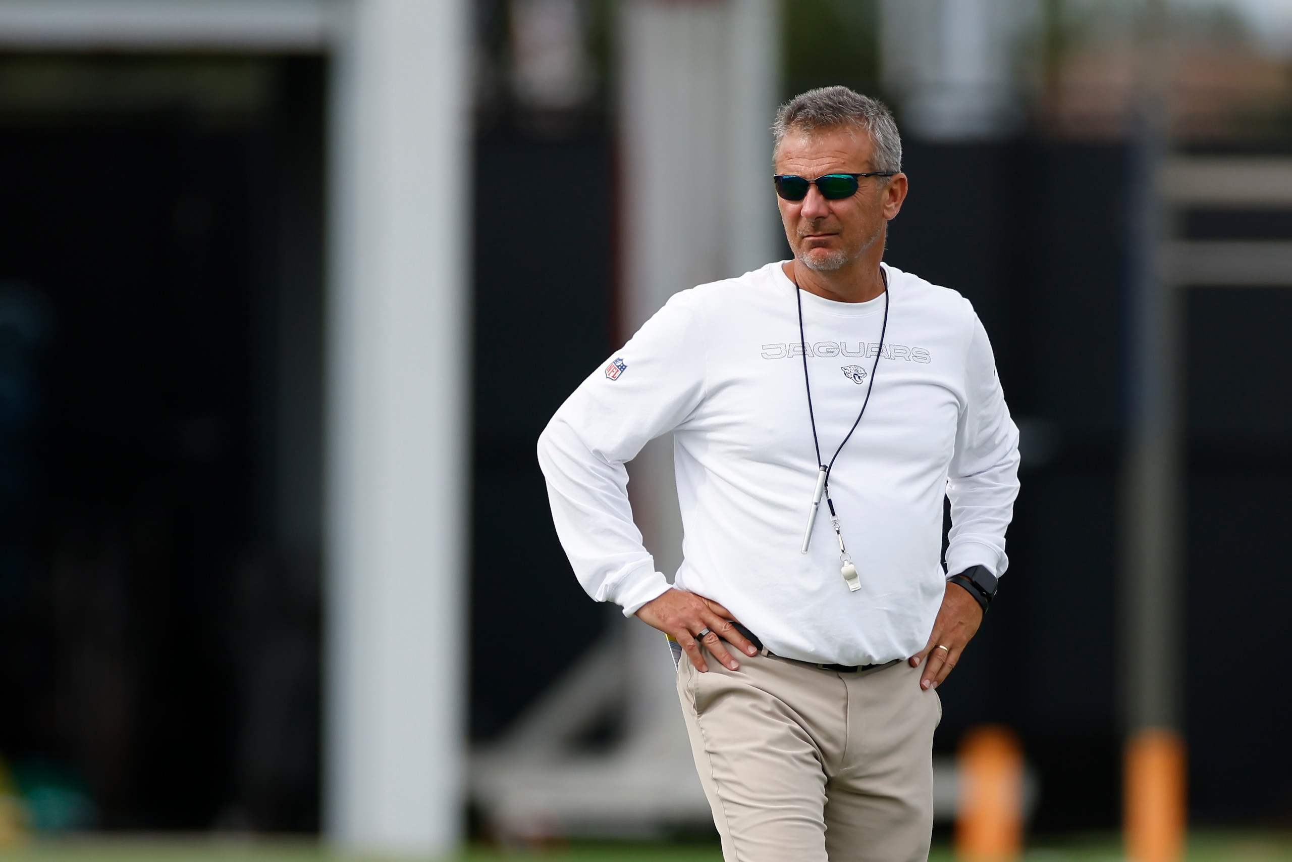 JACKSONVILLE, FL - AUGUST 03: Jacksonville Jaguars Head Coach Urban Meyer during training camp on August 3, 2021 at DreamFinders Homes Practice Complex in Jacksonville, Fl. (Photo by David Rosenblum/Icon Sportswire via Getty Images)