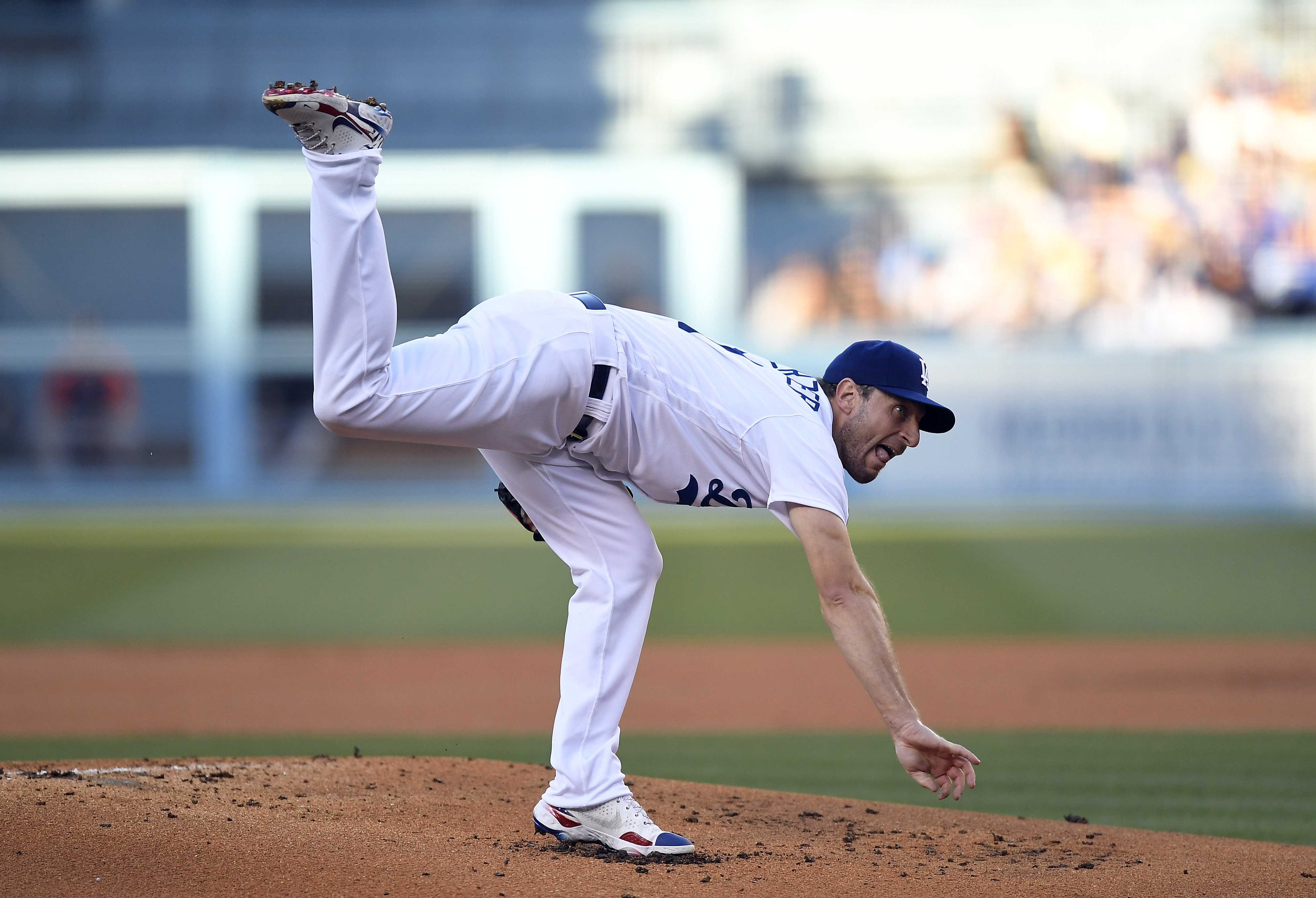 LOS ANGELES, CA - AUGUST 04: Starting pitcher Max Scherzer #31 pitches in his debut with the Los Angeles Dodgers against the Houston Astros in the first inning at Dodger Stadium on August 4, 2021 in Los Angeles, California. (Photo by Kevork Djansezian/Getty Images)