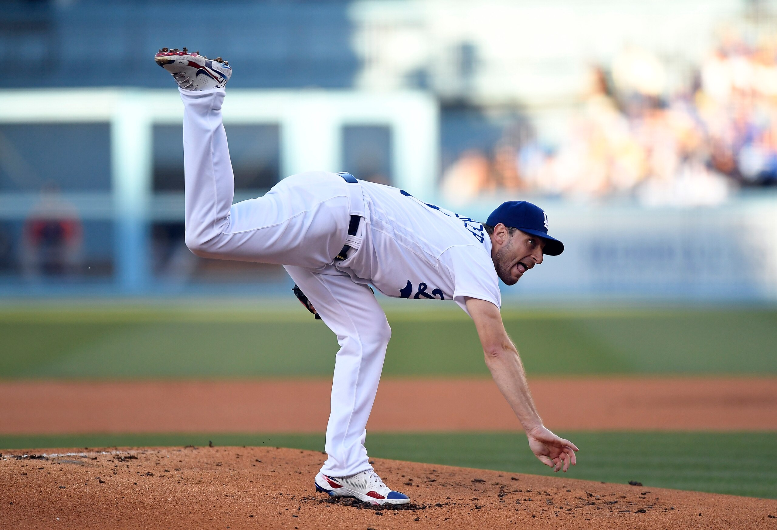 LOS ANGELES, CA - AUGUST 04: Starting pitcher Max Scherzer #31 pitches in his debut with the Los Angeles Dodgers against the Houston Astros in the first inning at Dodger Stadium on August 4, 2021 in Los Angeles, California. (Photo by Kevork Djansezian/Getty Images)