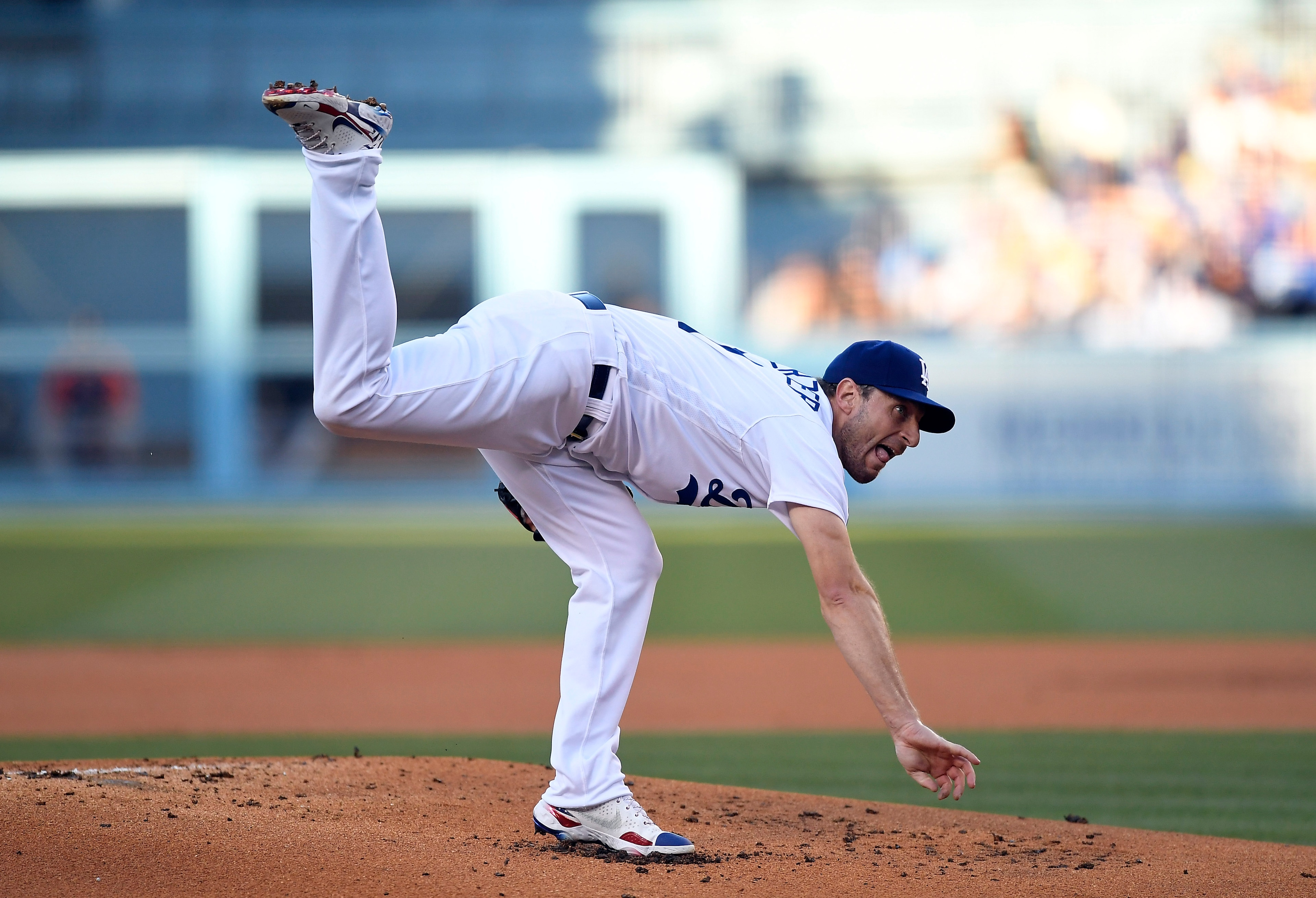 LOS ANGELES, CA - AUGUST 04: Starting pitcher Max Scherzer #31 pitches in his debut with the Los Angeles Dodgers against the Houston Astros in the first inning at Dodger Stadium on August 4, 2021 in Los Angeles, California. (Photo by Kevork Djansezian/Getty Images)