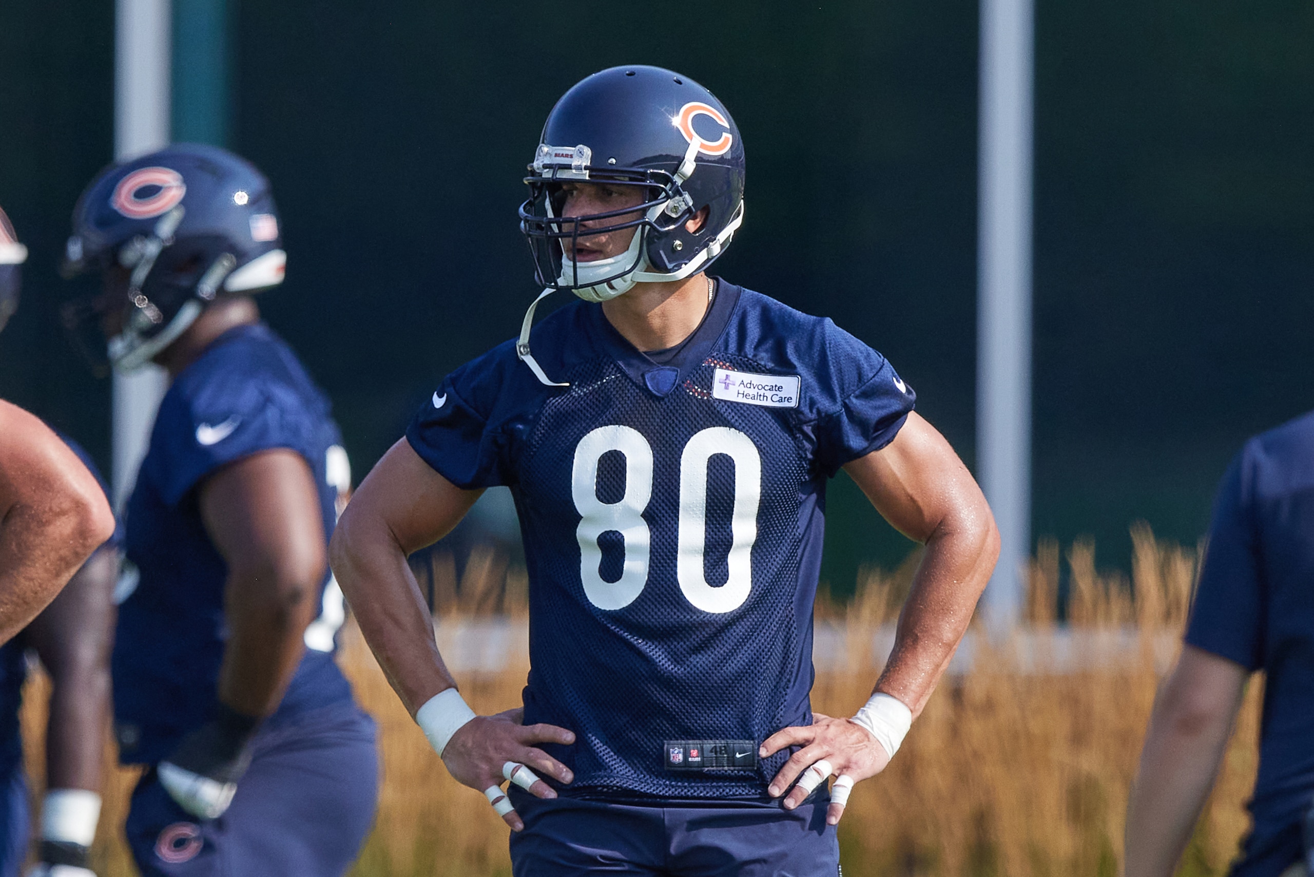LAKE FOREST, IL - JULY 29: Chicago Bears tight end Jimmy Graham (80) looks on in action during the Chicago Bears training camp on July 29, 2021 at Halas Hall in Lake Forest, IL. (Photo by Robin Alam/Icon Sportswire via Getty Images) LAKE FOREST, IL - JULY 29: Chicago Bears tight end Jimmy Graham (80) looks on in action during the Chicago Bears training camp on July 29, 2021 at Halas Hall in Lake Forest, IL. (Photo by Robin Alam/Icon Sportswire via Getty Images)