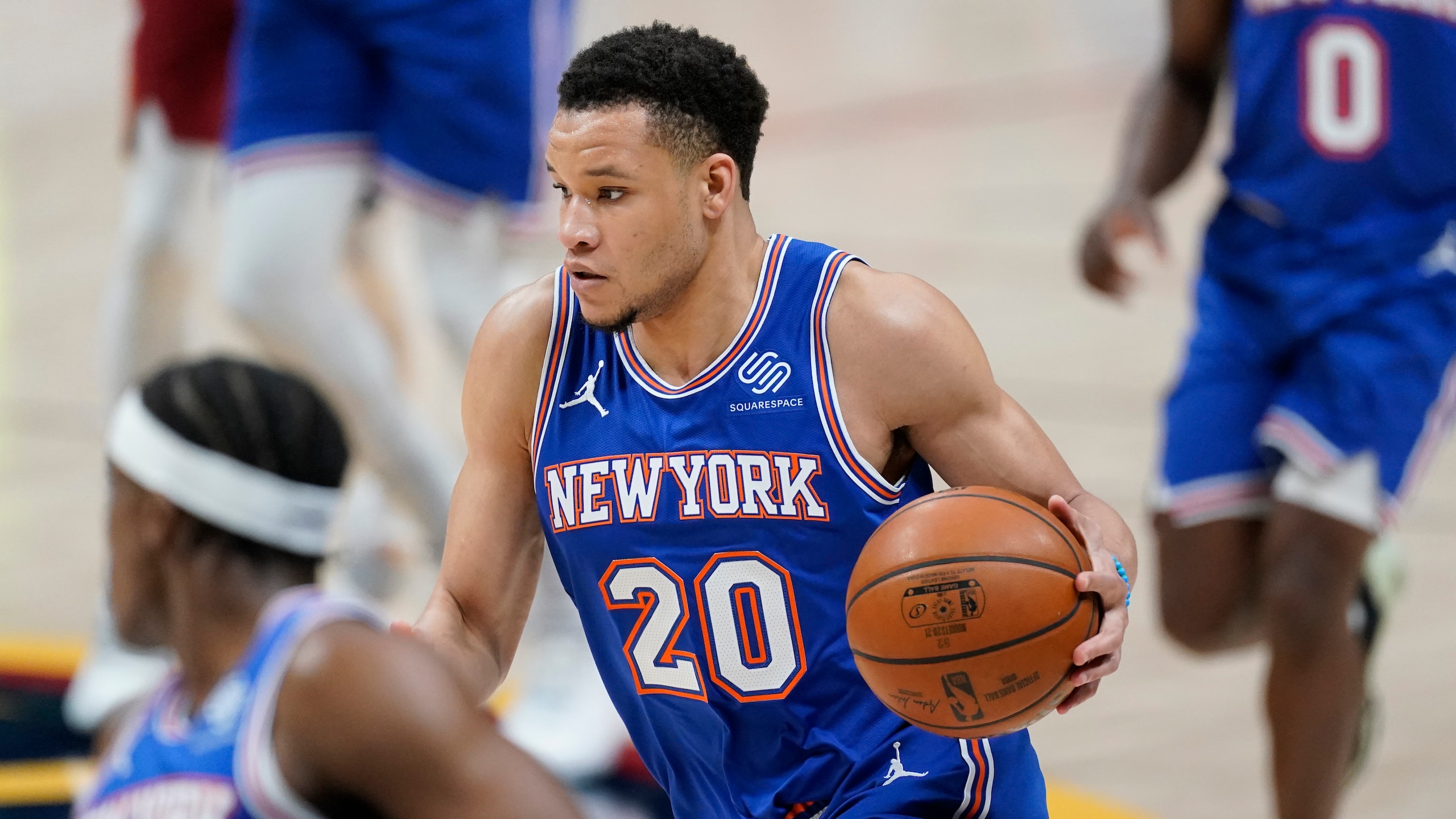 New York Knicks forward Kevin Knox II (20) in the second half of an NBA basketball game Wednesday, May 5, 2021, in Denver. The Nuggets won 113-97. (AP Photo/David Zalubowski)