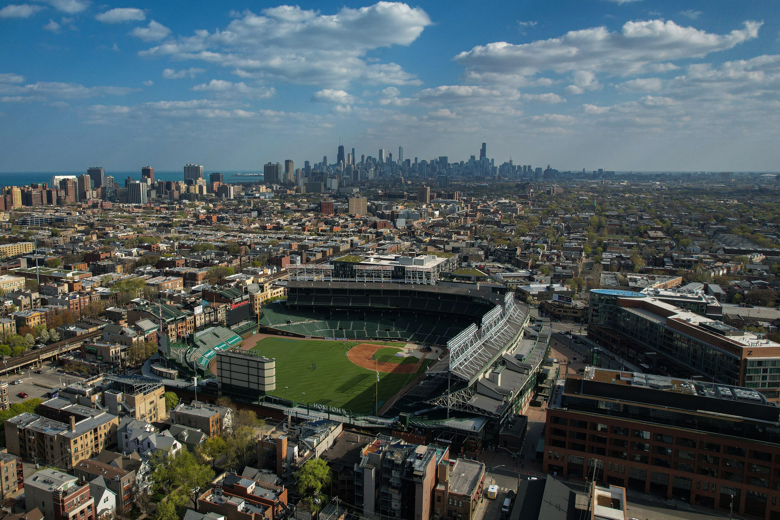 CHICAGO, ILLINOIS - APRIL 22: Wrigley Field is seen in this aerial view from a drone prior game between the Chicago Cubs and the New York Mets at Wrigley Field on April 22, 2021 in Chicago, Illinois. (Photo by Quinn Harris/Getty Images)