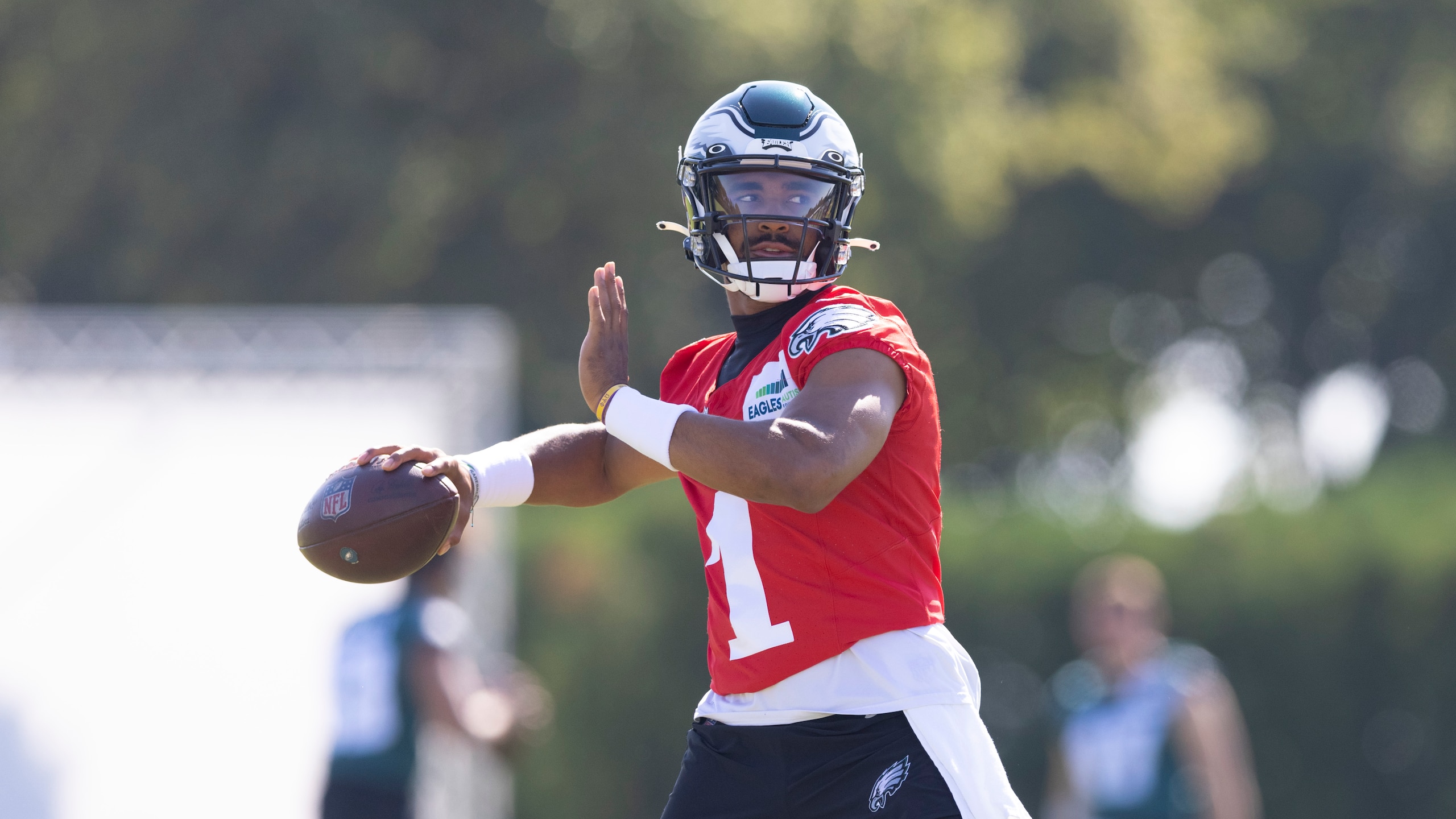 PHILADELPHIA, PA - AUGUST 05: Jalen Hurts #1 of the Philadelphia Eagles throws a pass during training camp at the NovaCare Complex on August 5, 2021 in Philadelphia, Pennsylvania. (Photo by Mitchell Leff/Getty Images)
