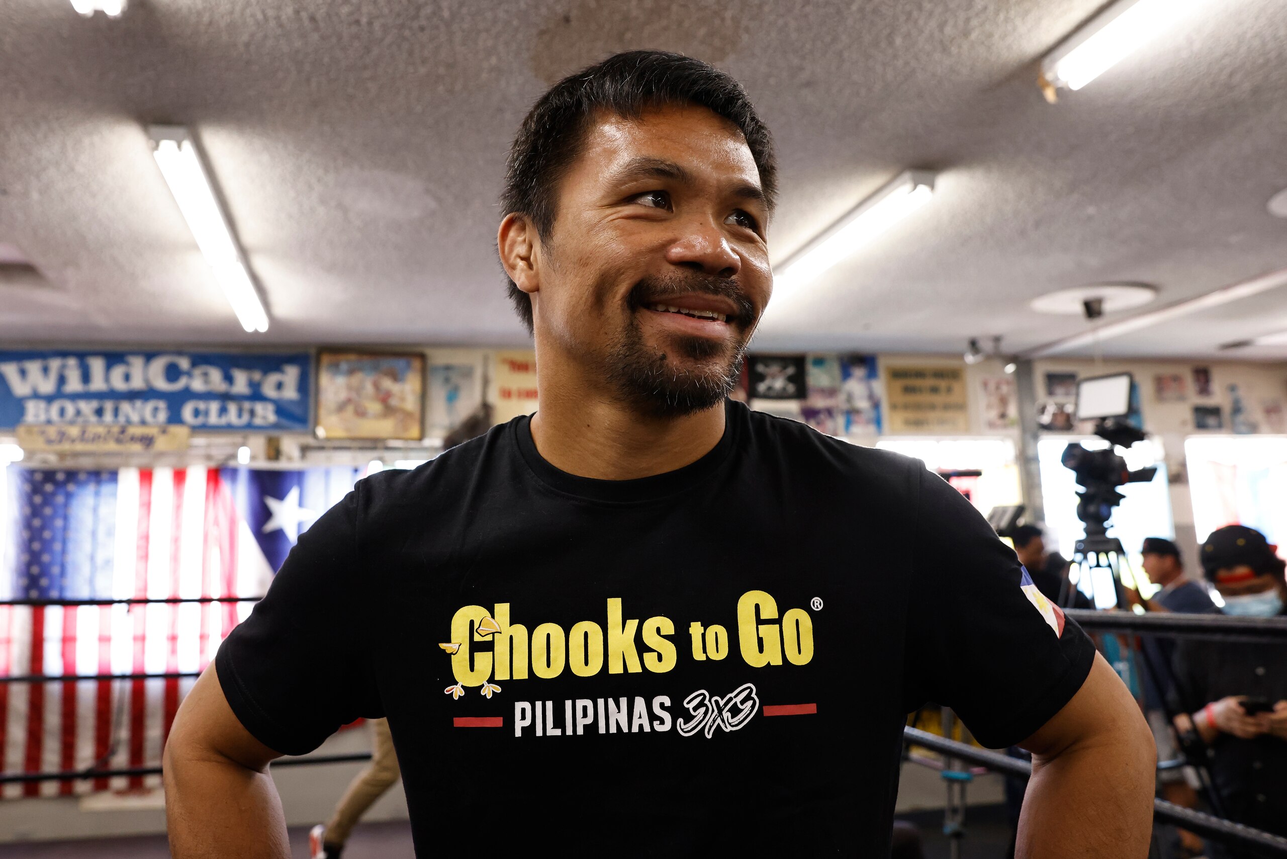 LOS ANGELES, CALIFORNIA - AUGUST 04: Manny Pacquiao talks with the media prior to his training session at Wild Card Boxing Club on August 04, 2021 in Los Angeles, California ahead of his fight against Errol Spence Jr. on Aug. 21 at T-Mobile Arena in Las Vegas. (Photo by Michael Owens/Getty Images)