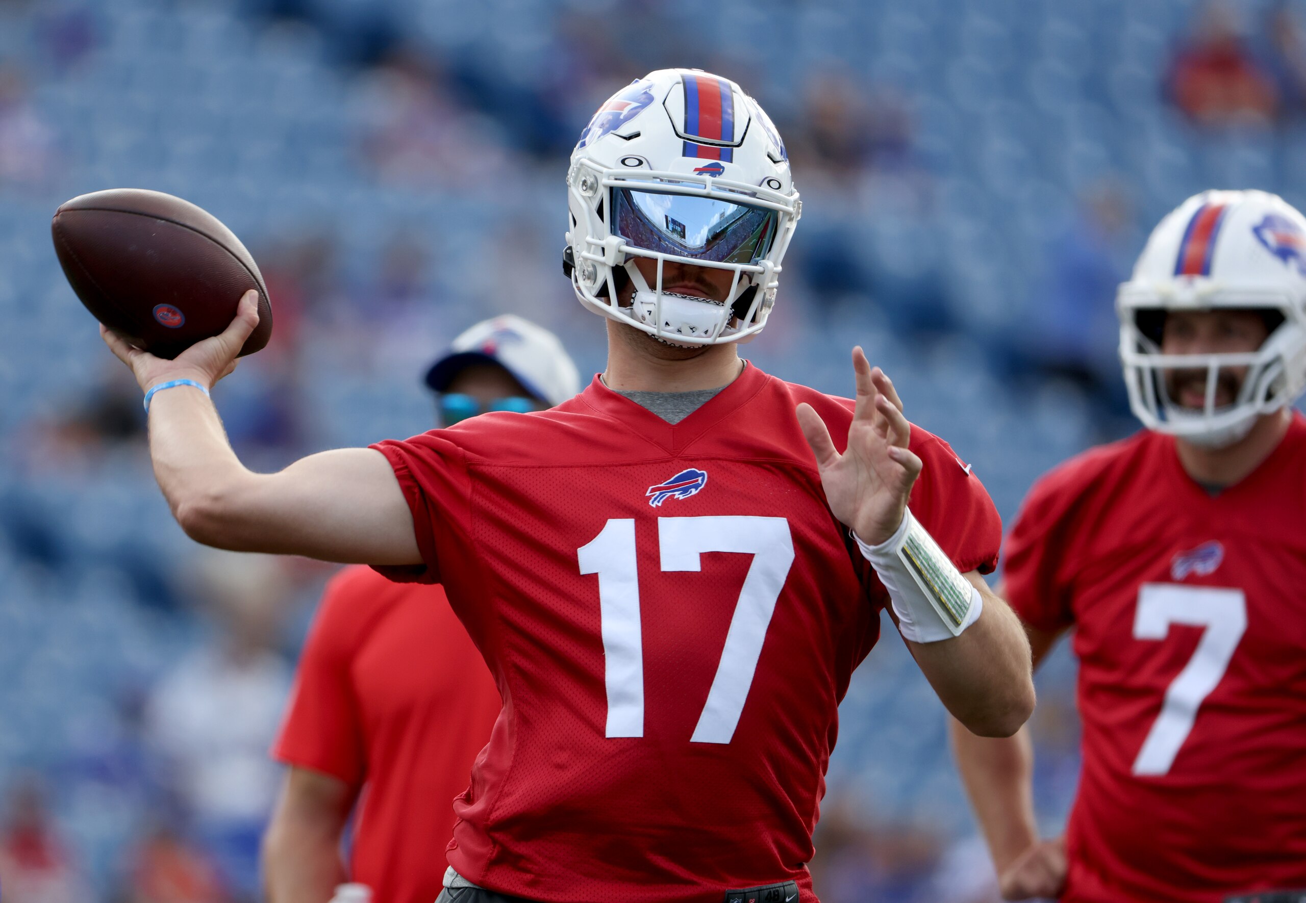 ORCHARD PARK, NY - JULY 31: Josh Allen #17 of the Buffalo Bills throws a pass during training camp at Highmark Stadium on July 31, 2021 in Orchard Park, New York. (Photo by Timothy T Ludwig/Getty Images)