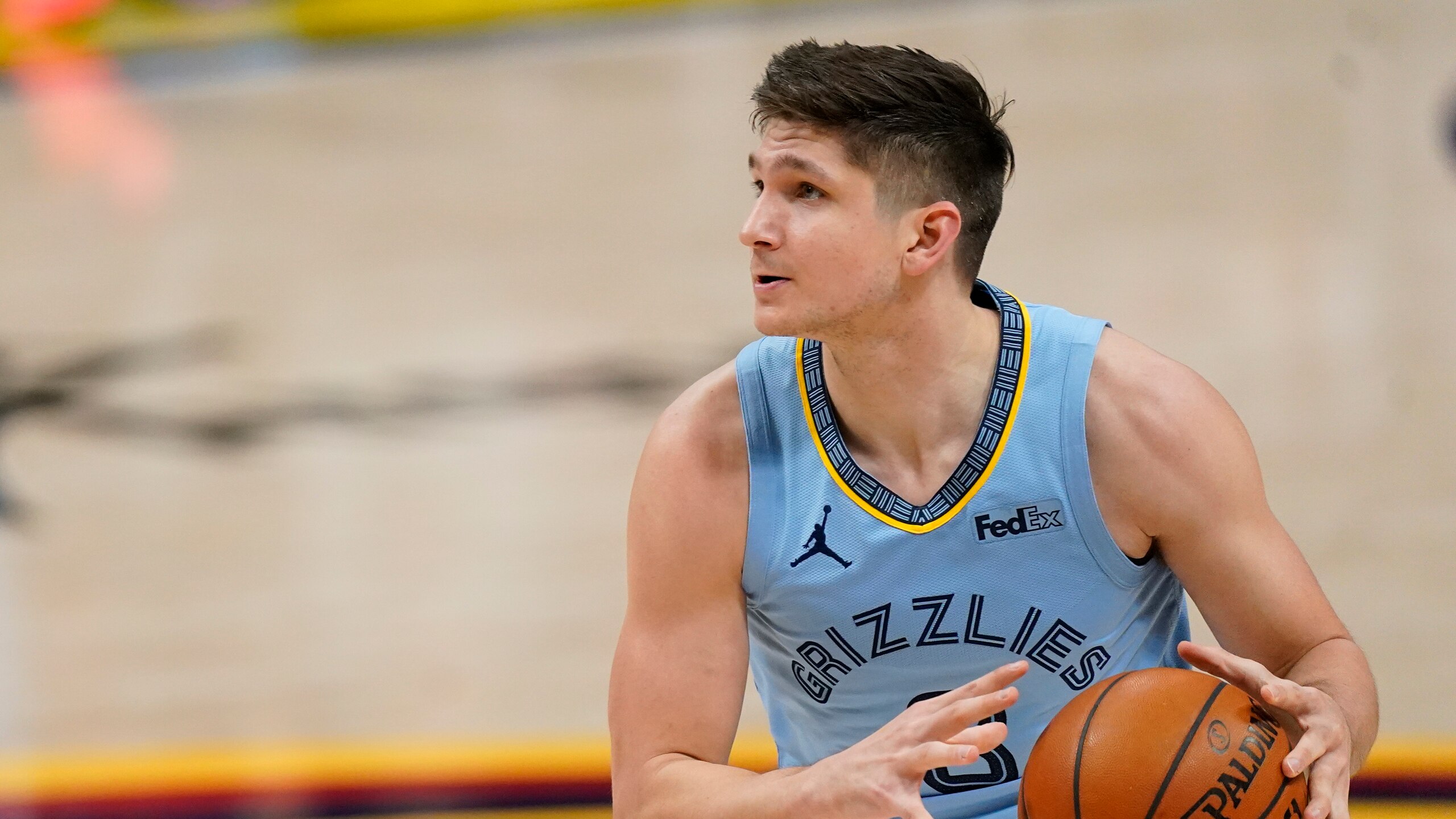 Memphis Grizzlies guard Grayson Allen (3) in the first half of an NBA basketball game Monday, April 19, 2021, in Denver. (AP Photo/David Zalubowski)