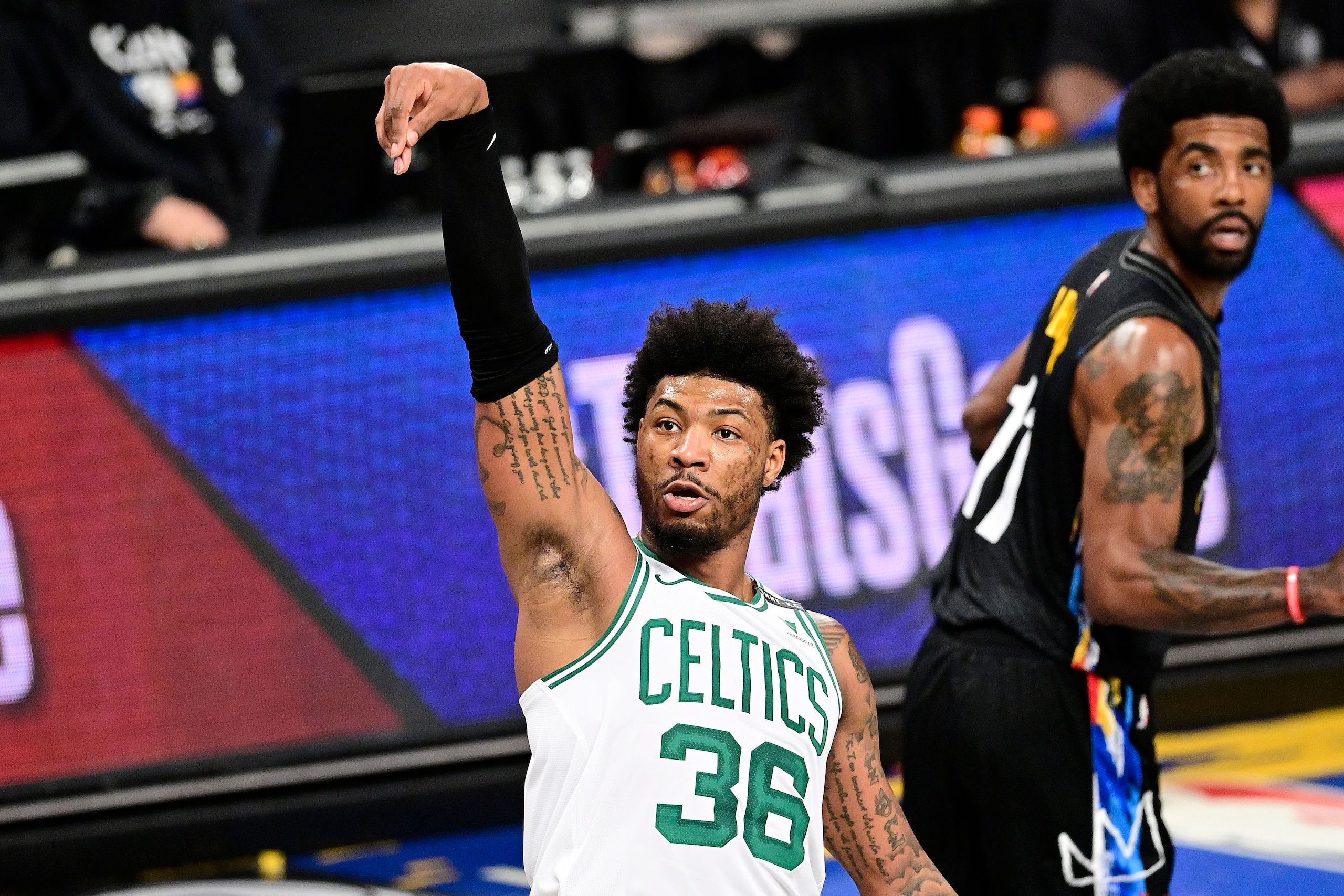 NEW YORK, NEW YORK - JUNE 01:  Marcus Smart #36 of the Boston Celtics attempts a shot against the Brooklyn Nets in Game Five of the First Round of the 2021 NBA Playoffs at Barclays Center on June 01, 2021 in the Brooklyn borough of New York City. NOTE TO USER: User expressly acknowledges and agrees that, by downloading and or using this photograph, User is consenting to the terms and conditions of the Getty Images License Agreement. (Photo by Steven Ryan/Getty Images)