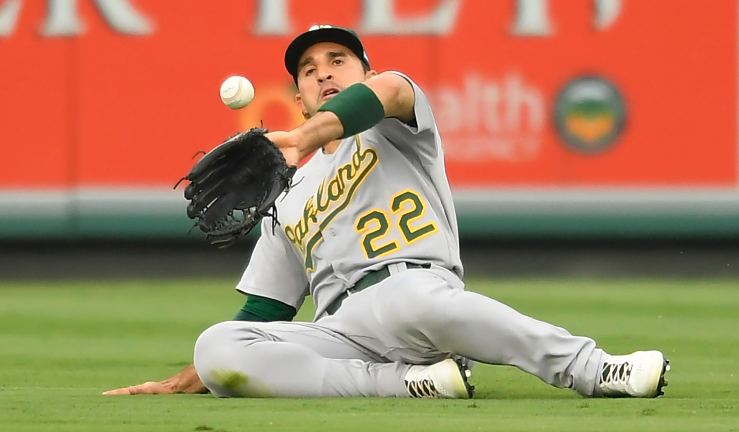 Oakland Athletics center fielder Ramon Laureano catches a fly ball hit by Los Angeles Angels' Phil Gosselin during the first inning of a baseball game Friday, July 30, 2021, in Anaheim, Calif. (AP Photo/John McCoy)