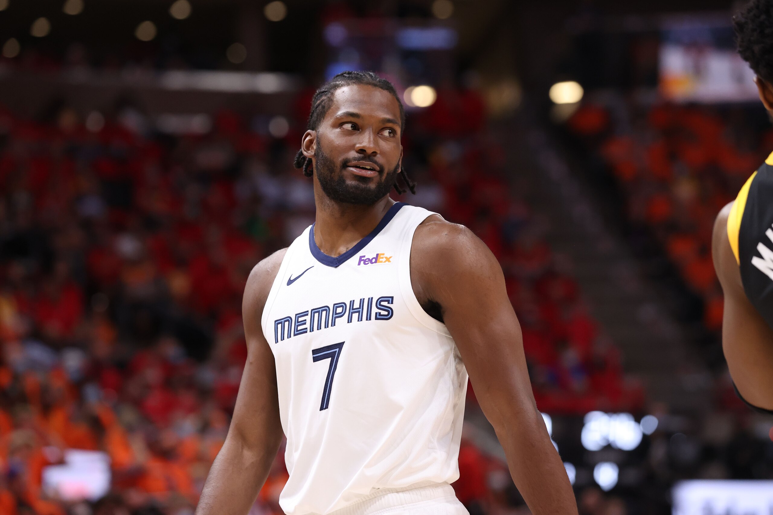 SALT LAKE CITY, UT - JUNE 2: Justise Winslow #7 of the Memphis Grizzlies looks on during Round 1, Game 5 of the 2021 NBA Playoffs on June 2, 2021 at vivint.SmartHome Arena in Salt Lake City, Utah. NOTE TO USER: User expressly acknowledges and agrees that, by downloading and or using this Photograph, User is consenting to the terms and conditions of the Getty Images License Agreement. Mandatory Copyright Notice: Copyright 2021 NBAE (Photo by Joe Murphy/NBAE via Getty Images)