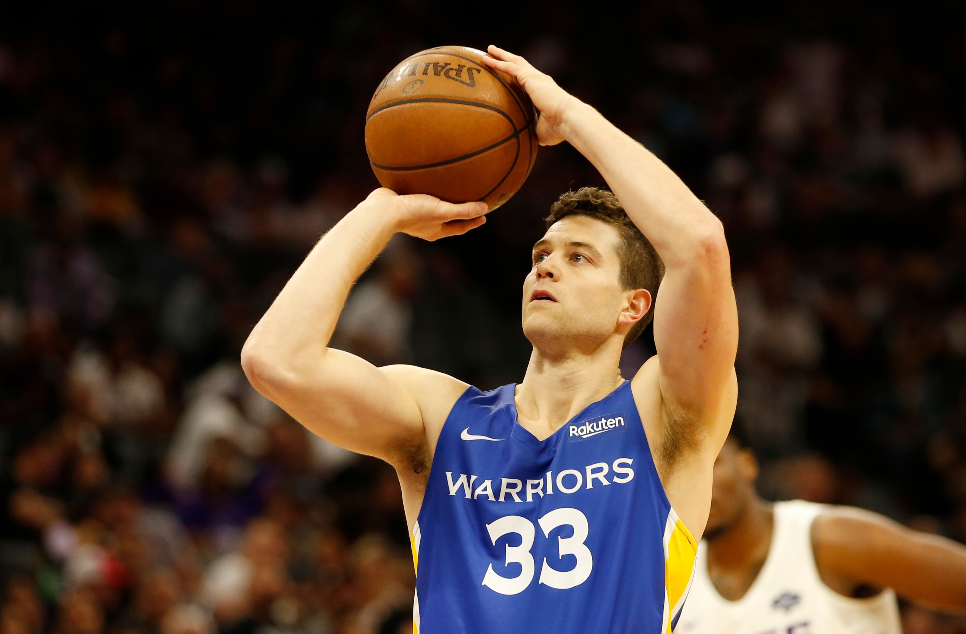 In this photo taken Monday July 1, 2019, Golden State Warriors guard Jimmer Fredette shoots a free throw during the first half of an NBA basketball summer league game against the Sacramento Kings in Sacramento, Calif. The Kings won 81-77. (AP Photo/Rich Pedroncelli)