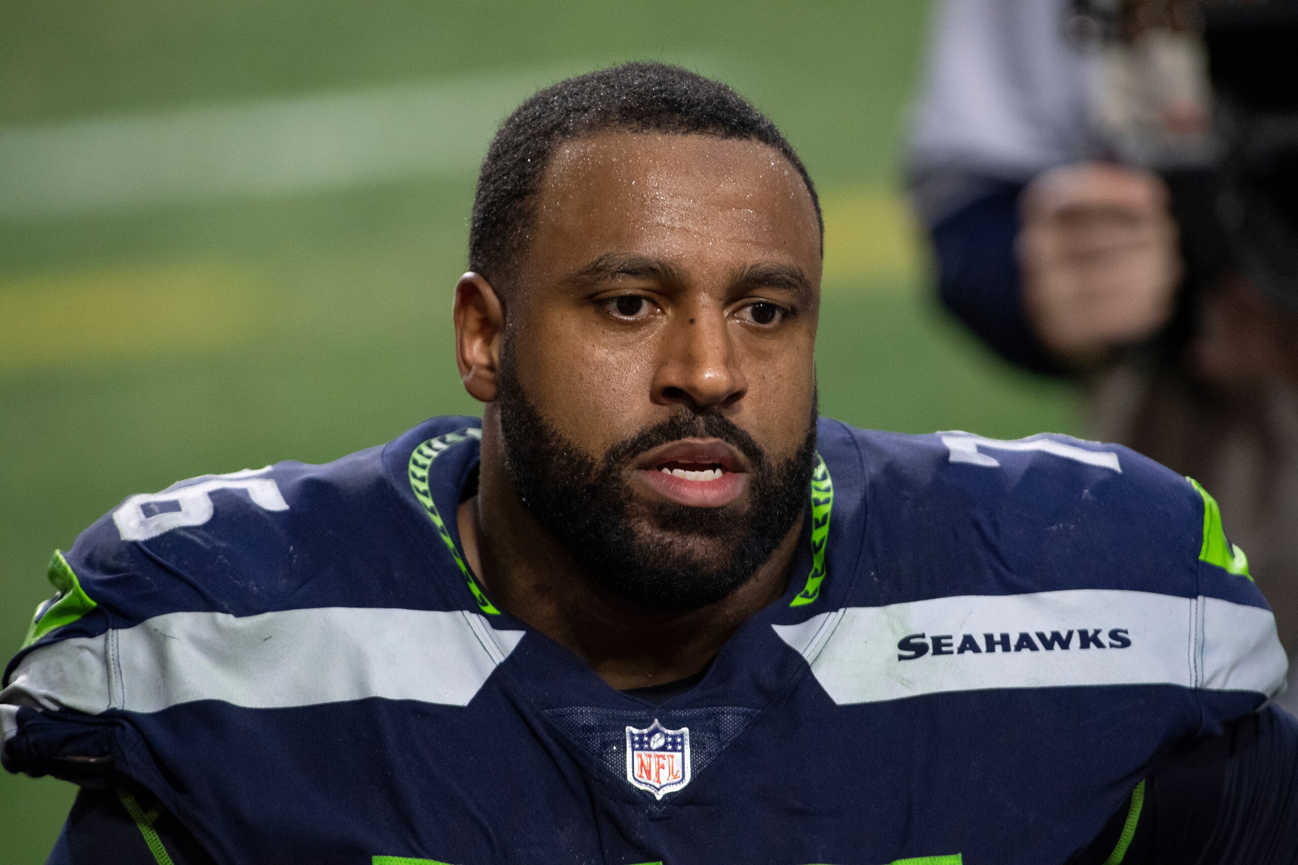 Seattle Seahawks offensive tackle Duane Brown (76) reacts after an NFL football game against the San Francisco 49ers, Sunday, Jan. 3, 2021, in Glendale, Ariz. (AP Photo/Jennifer Stewart)