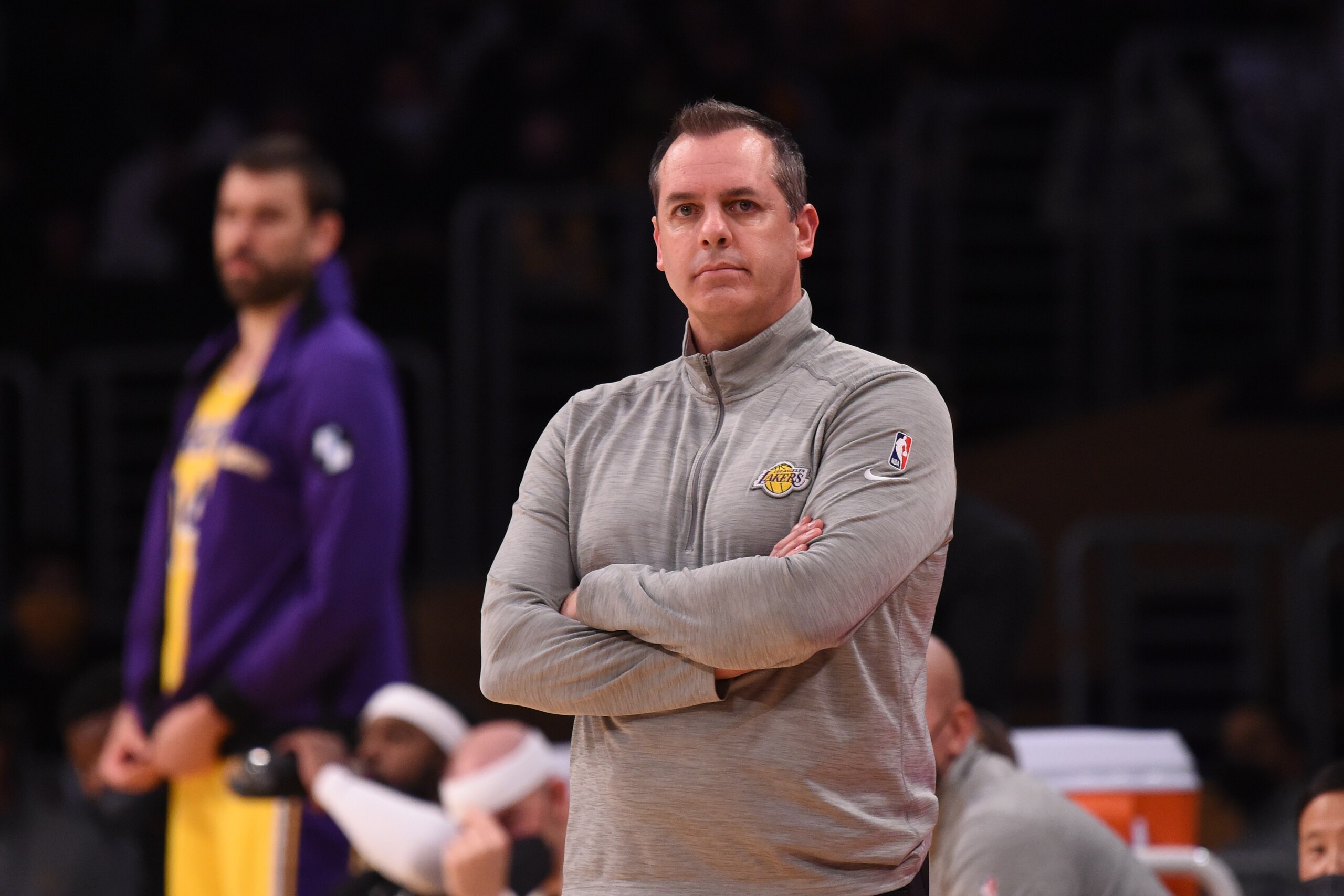 LOS ANGELES, CA - MAY 27: Head Coach, Frank Vogel of the Los Angeles Lakers looks on during the game against the Phoenix Suns during Round 1, Game 3 of the 2021 NBA Playoffs on May 27, 2021 at STAPLES Center in Los Angeles, California. NOTE TO USER: User expressly acknowledges and agrees that, by downloading and/or using this Photograph, user is consenting to the terms and conditions of the Getty Images License Agreement. Mandatory Copyright Notice: Copyright 2021 NBAE (Photo by Juan Ocampo/NBAE via Getty Images)
