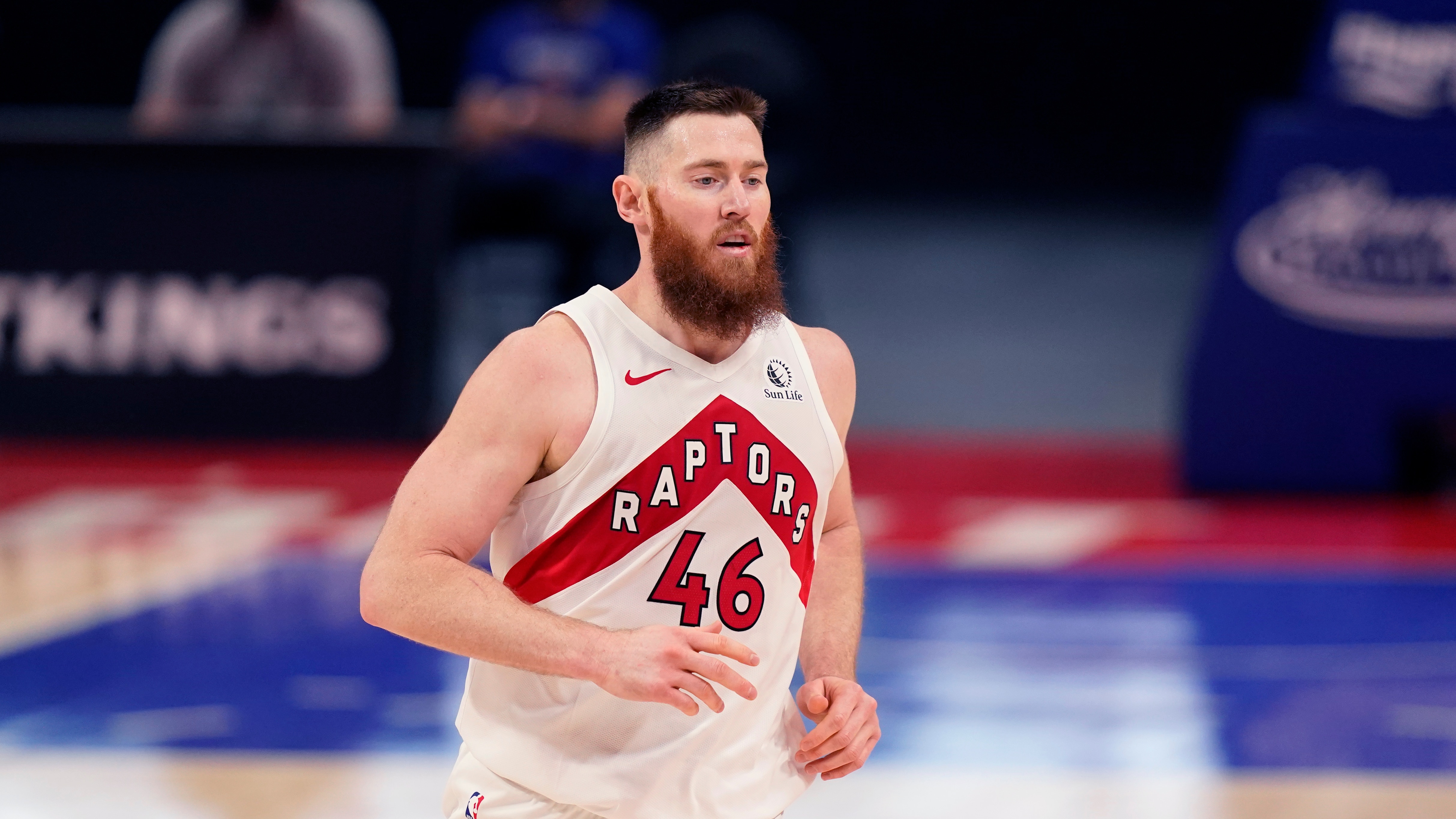 Toronto Raptors center Aron Baynes plays during the second half of an NBA basketball game, Wednesday, March 17, 2021, in Detroit. (AP Photo/Carlos Osorio)