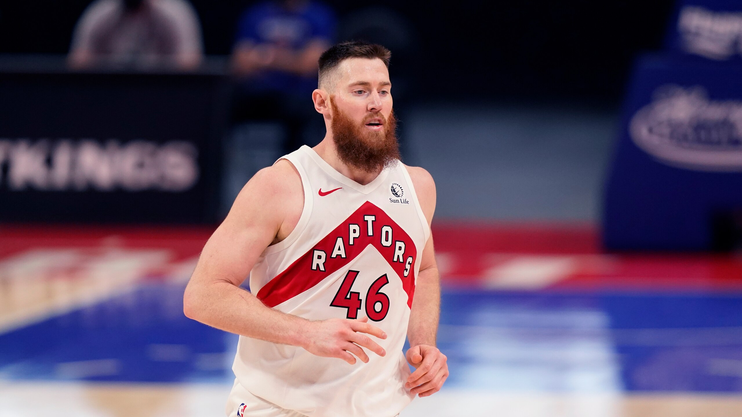 Toronto Raptors center Aron Baynes plays during the second half of an NBA basketball game, Wednesday, March 17, 2021, in Detroit. (AP Photo/Carlos Osorio)