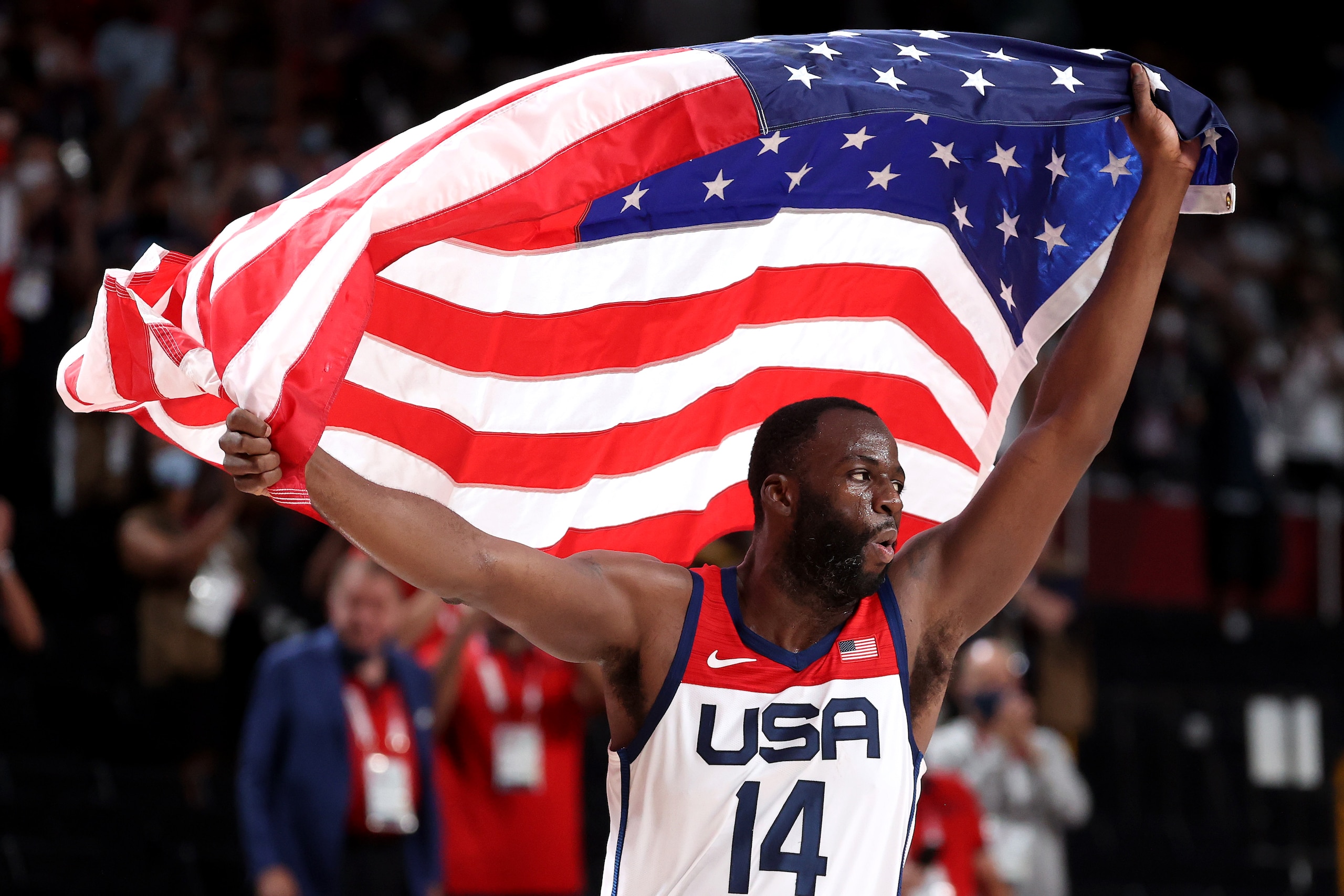 SAITAMA, JAPAN - AUGUST 07: Draymond Green #14 of Team United States celebrates following the United States' victory over France in the Men's Basketball Finals game on day fifteen of the Tokyo 2020 Olympic Games at Saitama Super Arena on August 07, 2021 in Saitama, Japan. (Photo by Gregory Shamus/Getty Images)