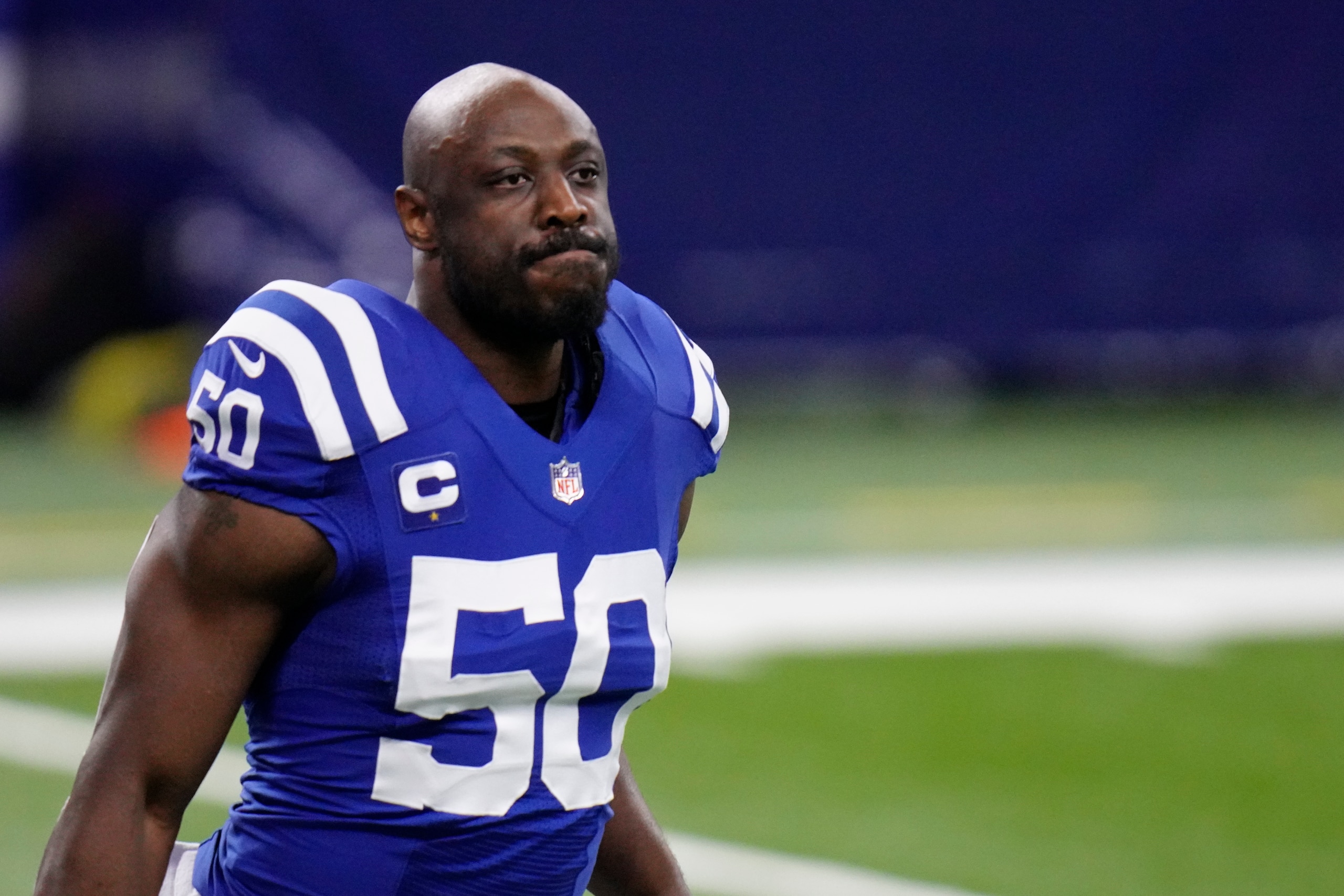 Indianapolis Colts defensive end Justin Houston (50) warms up before an NFL football game against the Jacksonville Jaguars, Sunday, Jan. 3, 2021, in Indianapolis. (AP Photo/AJ Mast)