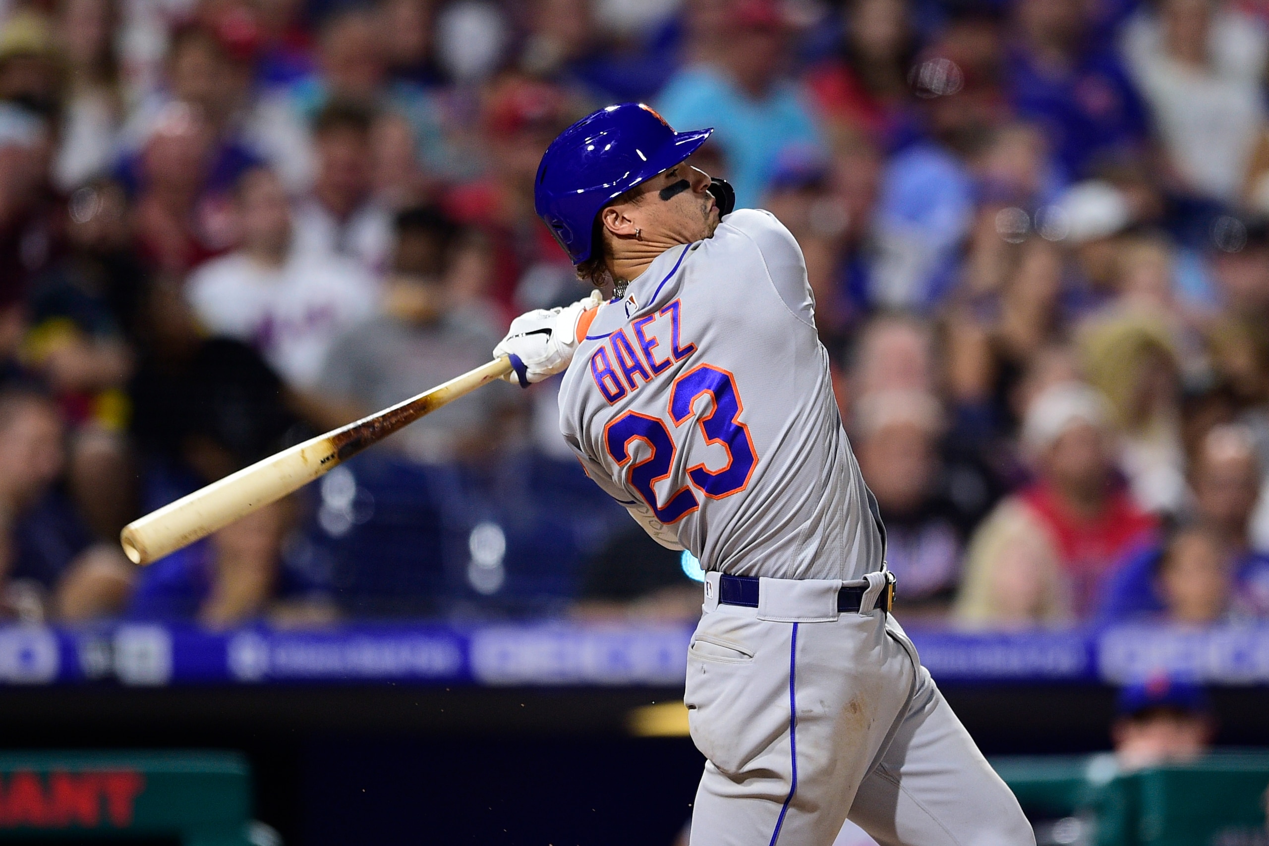 New York Mets' Javier Baez in action during a baseball game against the Philadelphia Phillies, Friday, Aug. 6, 2021, in Philadelphia. (AP Photo/Derik Hamilton)