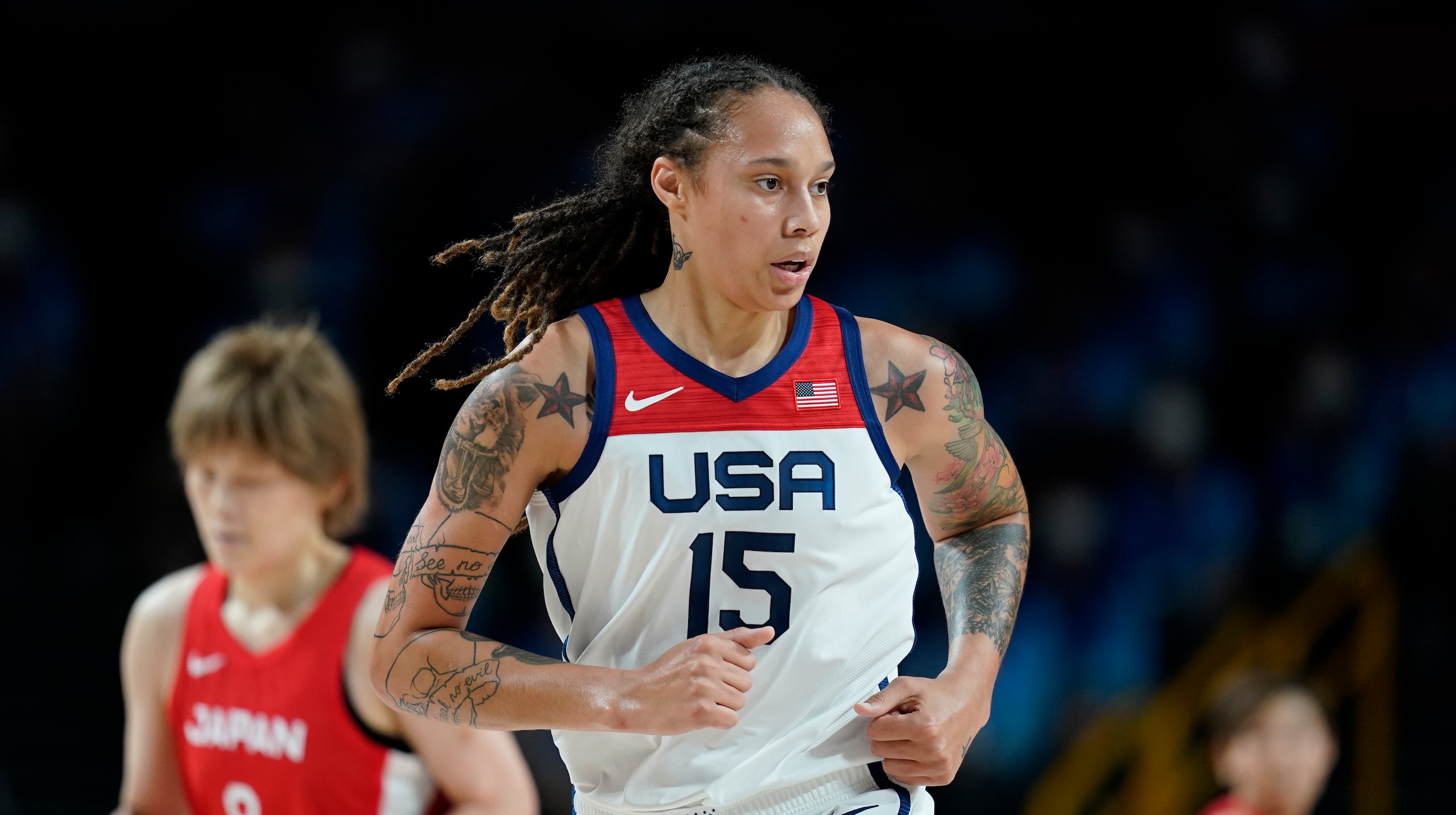 United States' Brittney Griner (15) runs up court during women's basketball gold medal game between Japan and the United States at the 2020 Summer Olympics, Sunday, Aug. 8, 2021, in Saitama, Japan. (AP Photo/Charlie Neibergall) United States' Brittney Griner (15) runs up court during women's basketball gold medal game between Japan and the United States at the 2020 Summer Olympics, Sunday, Aug. 8, 2021, in Saitama, Japan. (AP Photo/Charlie Neibergall)