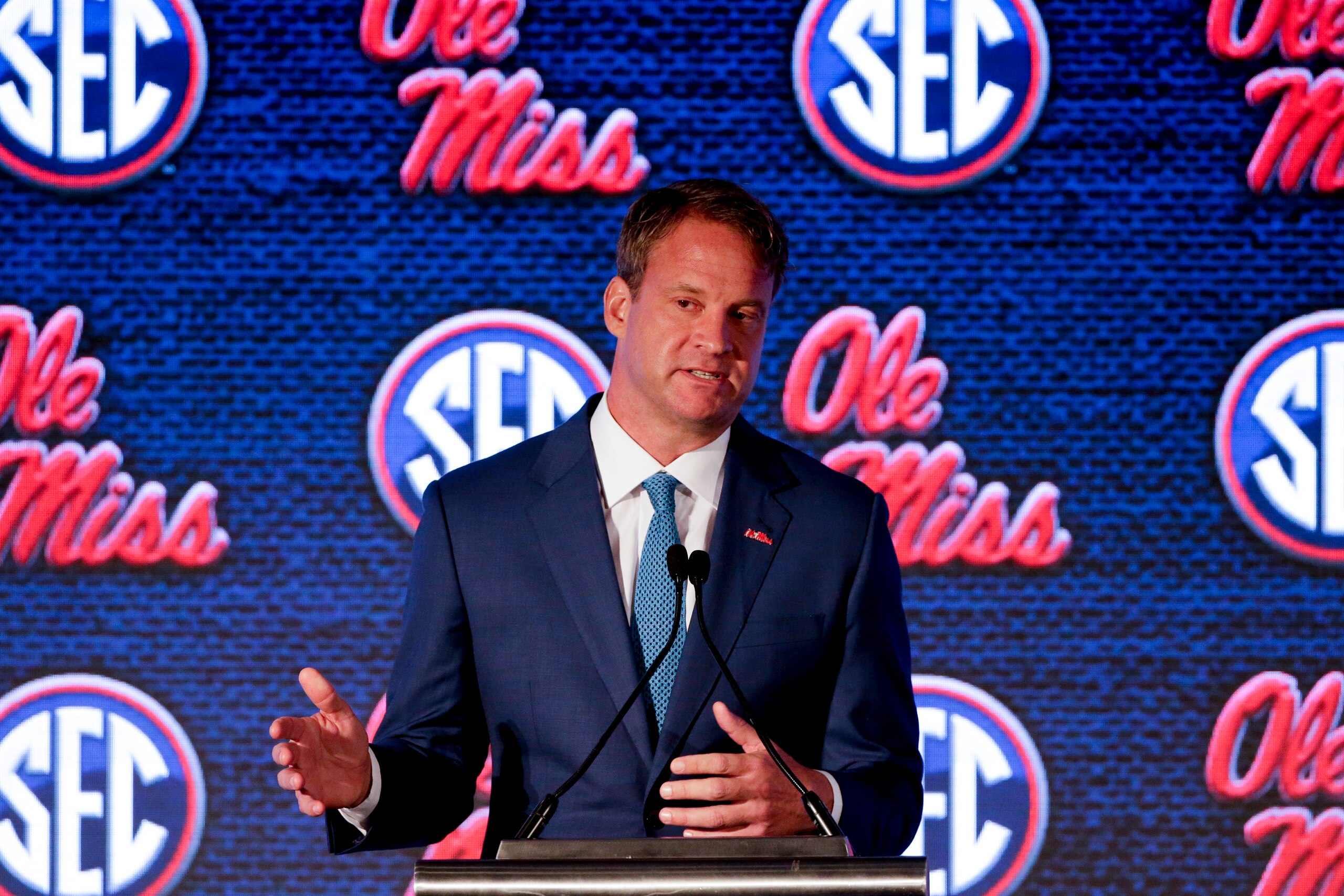 Mississippi head coach Lane Kiffin speaks to reporters during the NCAA college football Southeastern Conference Media Days Tuesday, July 20, 2021, in Hoover, Ala. (AP Photo/Butch Dill) Mississippi head coach Lane Kiffin speaks to reporters during the NCAA college football Southeastern Conference Media Days Tuesday, July 20, 2021, in Hoover, Ala. (AP Photo/Butch Dill)
