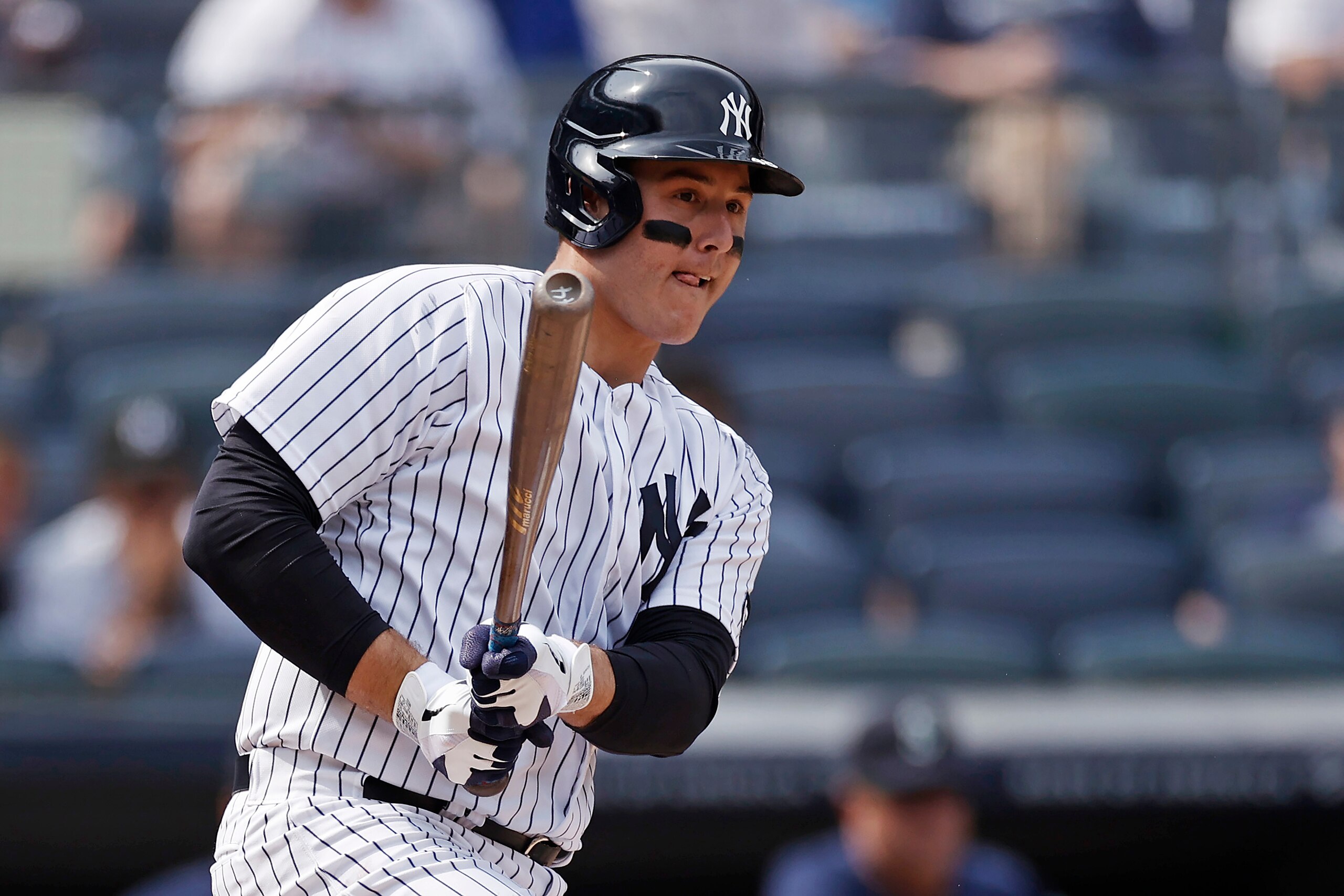 New York Yankees' Anthony Rizzo grounds into a run scoring double play during the sixth inning of a baseball game against the Seattle Mariners on Saturday, Aug. 7, 2021, in New York. (AP Photo/Adam Hunger)