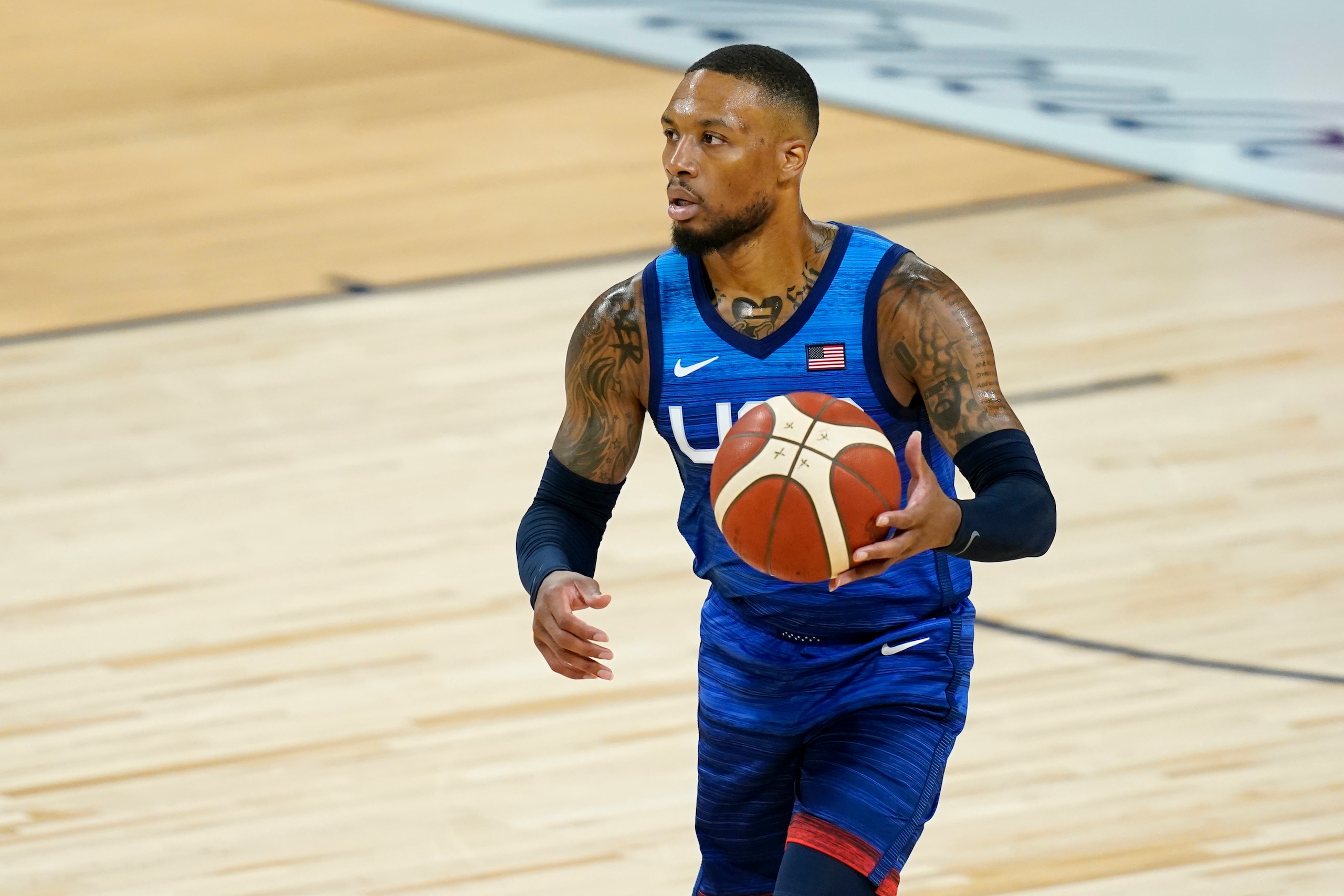 United States' Damian Lillard plays against Australia during an exhibition basketball game Monday, July 12, 2021, in Las Vegas. (AP Photo/John Locher)