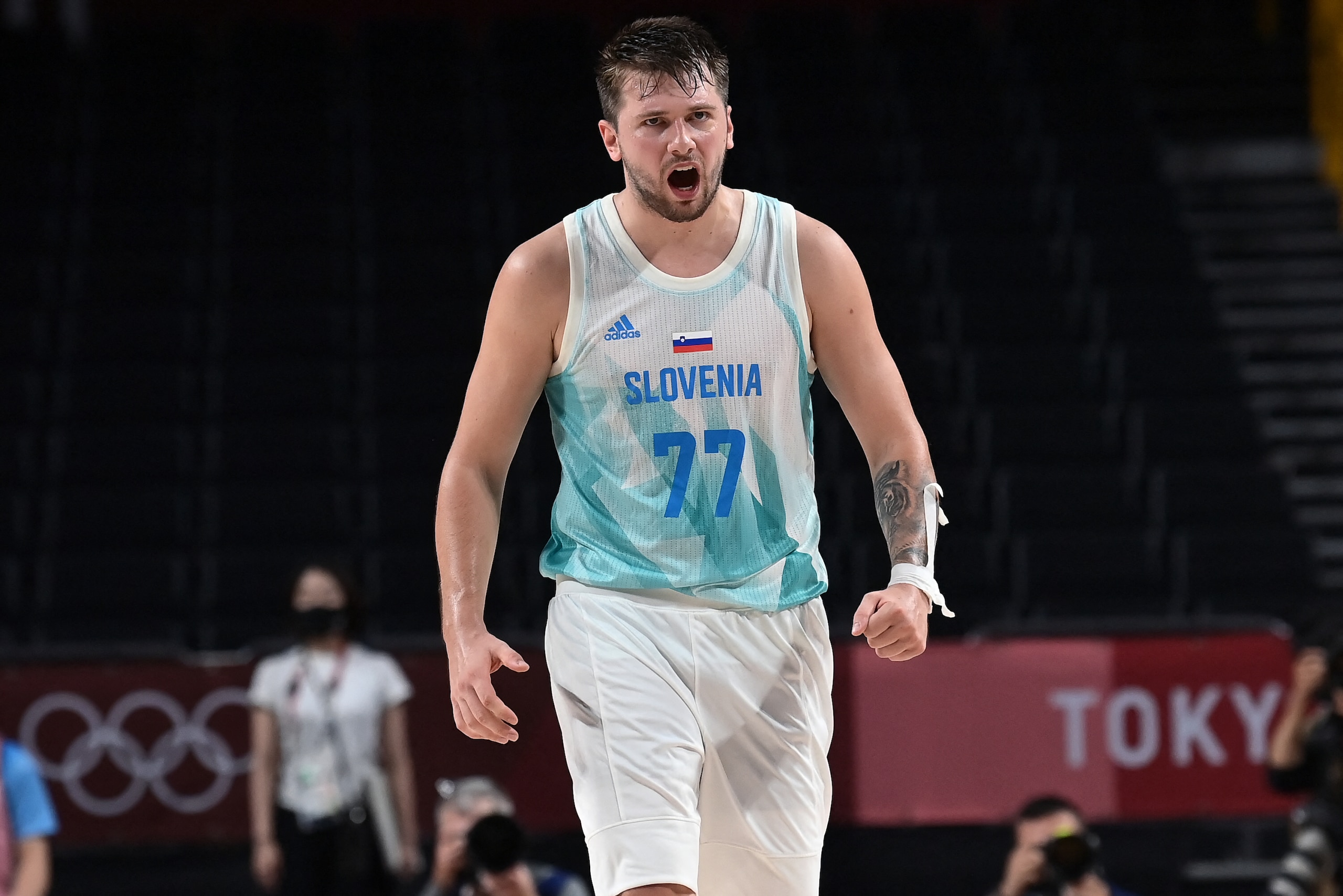 Slovenia's Luka Doncic reacts during the men's bronze medal basketball match between Slovenia and Australia during the Tokyo 2020 Olympic Games at the Saitama Super Arena in Saitama on August 7, 2021. (Photo by Aris MESSINIS / AFP) (Photo by ARIS MESSINIS/AFP via Getty Images)