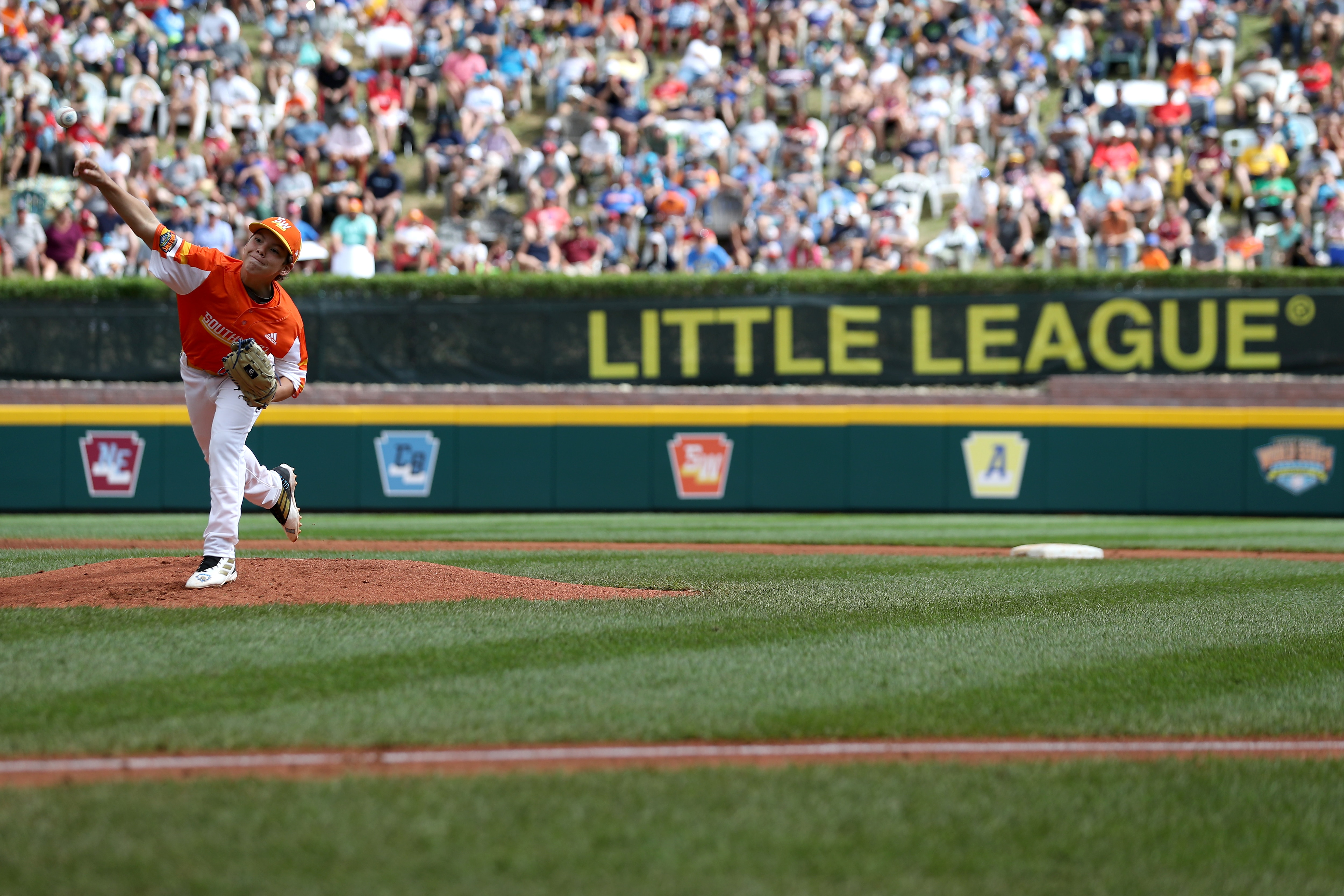SOUTH WILLIAMSPORT, PENNSYLVANIA - AUGUST 25: Starting pitcher Egan Prather #24 of the Southwest Region team from River Ridge Louisiana pitches against the Caribbean Region team from Willemstad, Curacao during the Championship Game of the Little League World Series at Lamade Stadium on August 25, 2019 in South Williamsport, Pennsylvania. (Photo by Rob Carr/Getty Images)