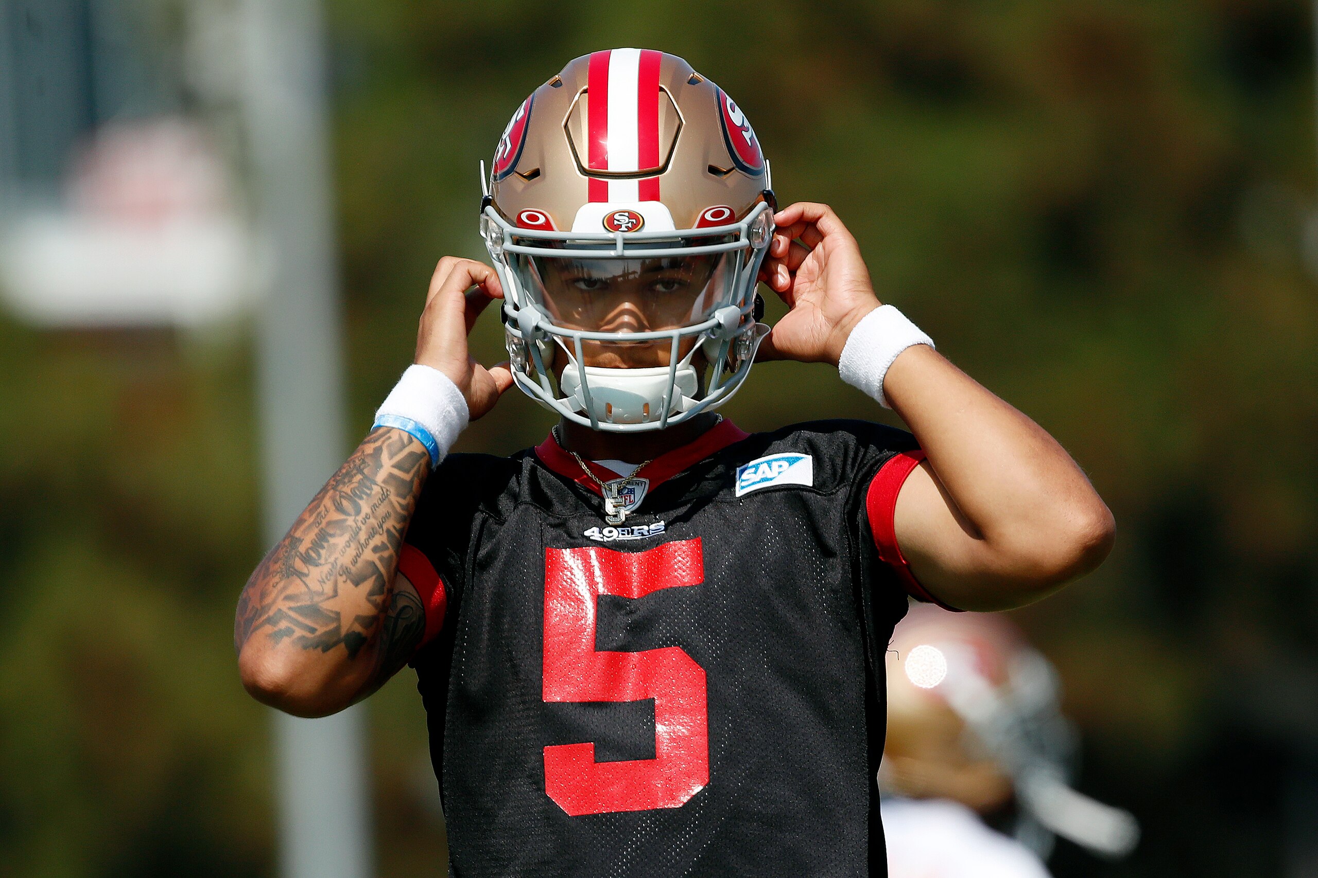 San Francisco 49ers quarterbacks Trey Lance attends NFL football training camp in Santa Clara, Calif., Saturday, July 31, 2021. (AP Photo/Josie Lepe)