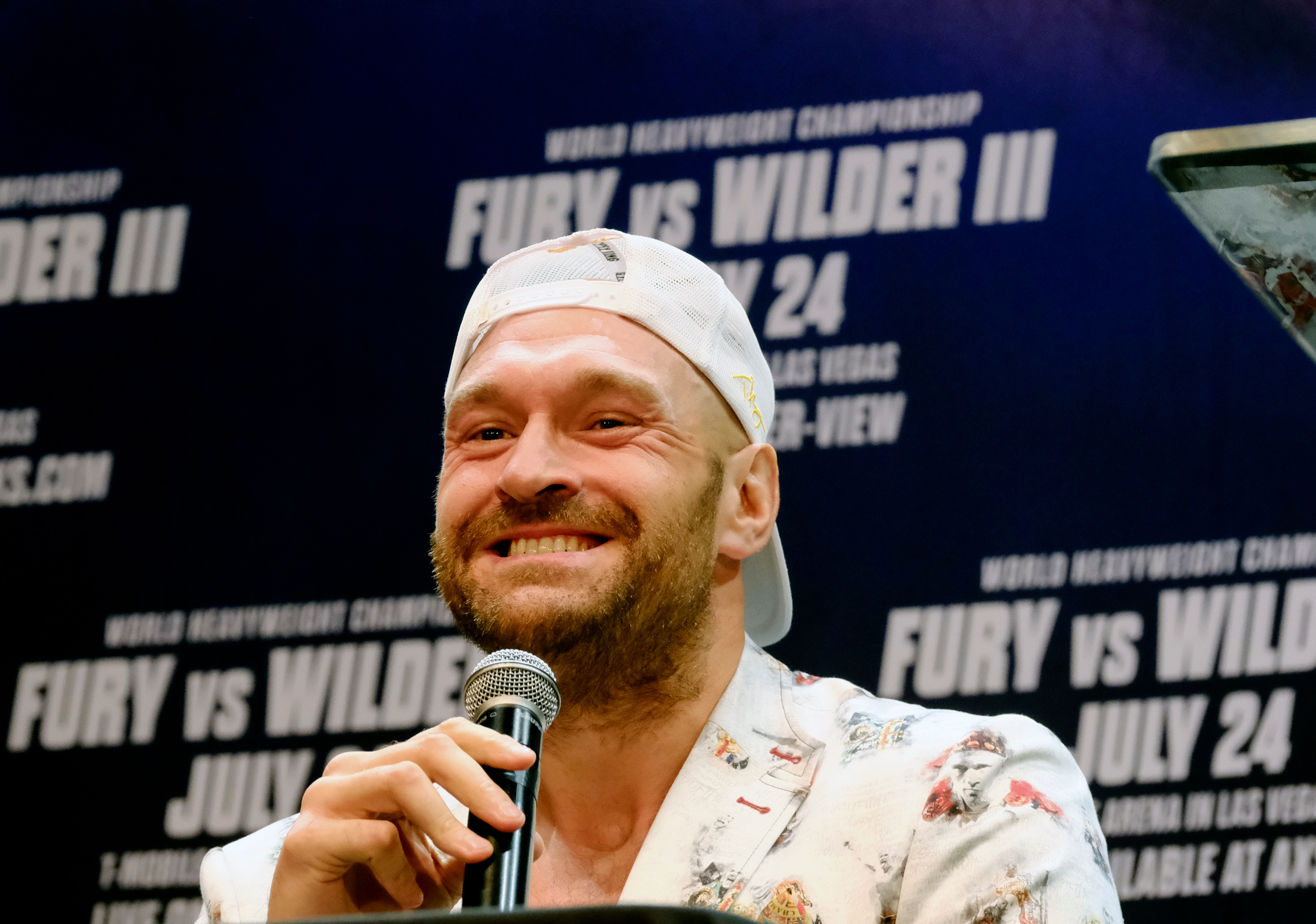 WBC Heavyweight Champion Tyson Fury, talks during a news conference with Deontay "The Bronze Bomber" Wilder in Los Angeles on Tuesday, June 15, 2021, in anticipation of their third heavyweight champions Fury and former longtime heavyweight champion Wilder went face-to-face at a Los Angeles press conference ahead of their bout scheduled for July 24 in Las Vegas. (AP Photo/Richard Vogel)