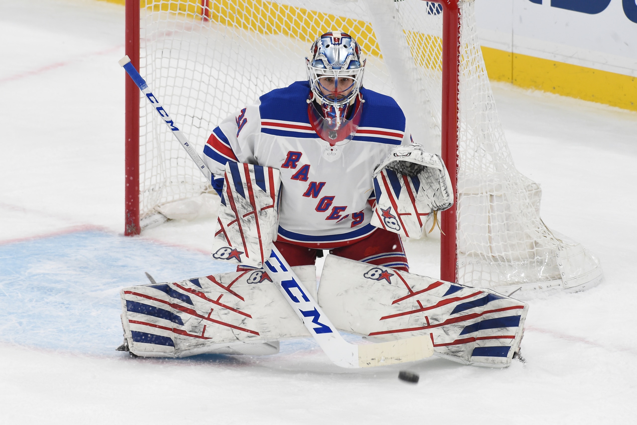 BOSTON, MA - MAY 8: Igor Shesterkin #31 of the New York Rangers in the net during the third period against the Boston Bruins at the TD Garden on May 8, 2021 in Boston, Massachusetts. (Photo by Steve Babineau/NHLI via Getty Images)
