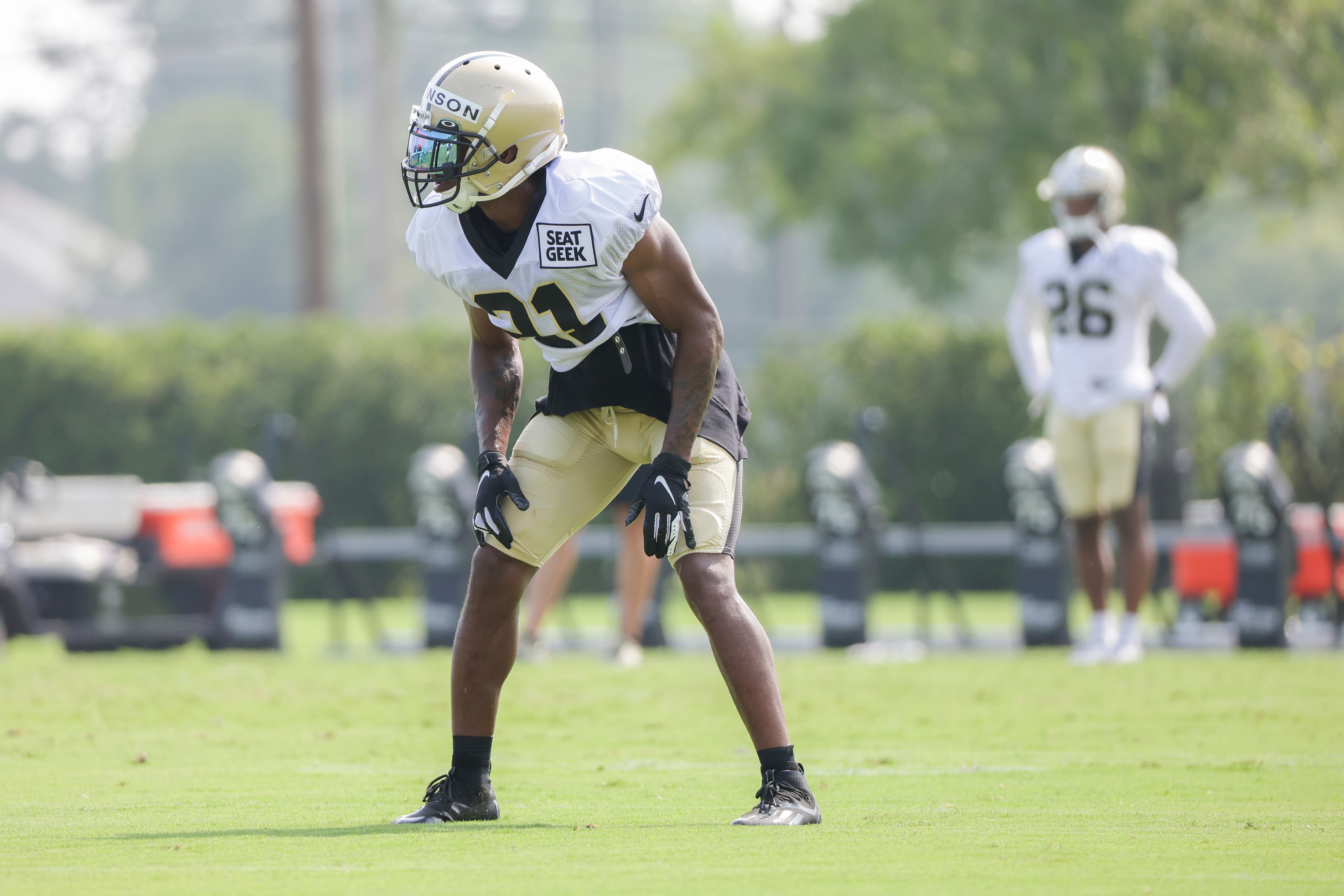 New Orleans Saints defensive back Patrick Robinson (21) in a coverage drill during NFL football training camp in Metairie, Wednesday, Aug. 4, 2021. (AP Photo/Derick Hingle)