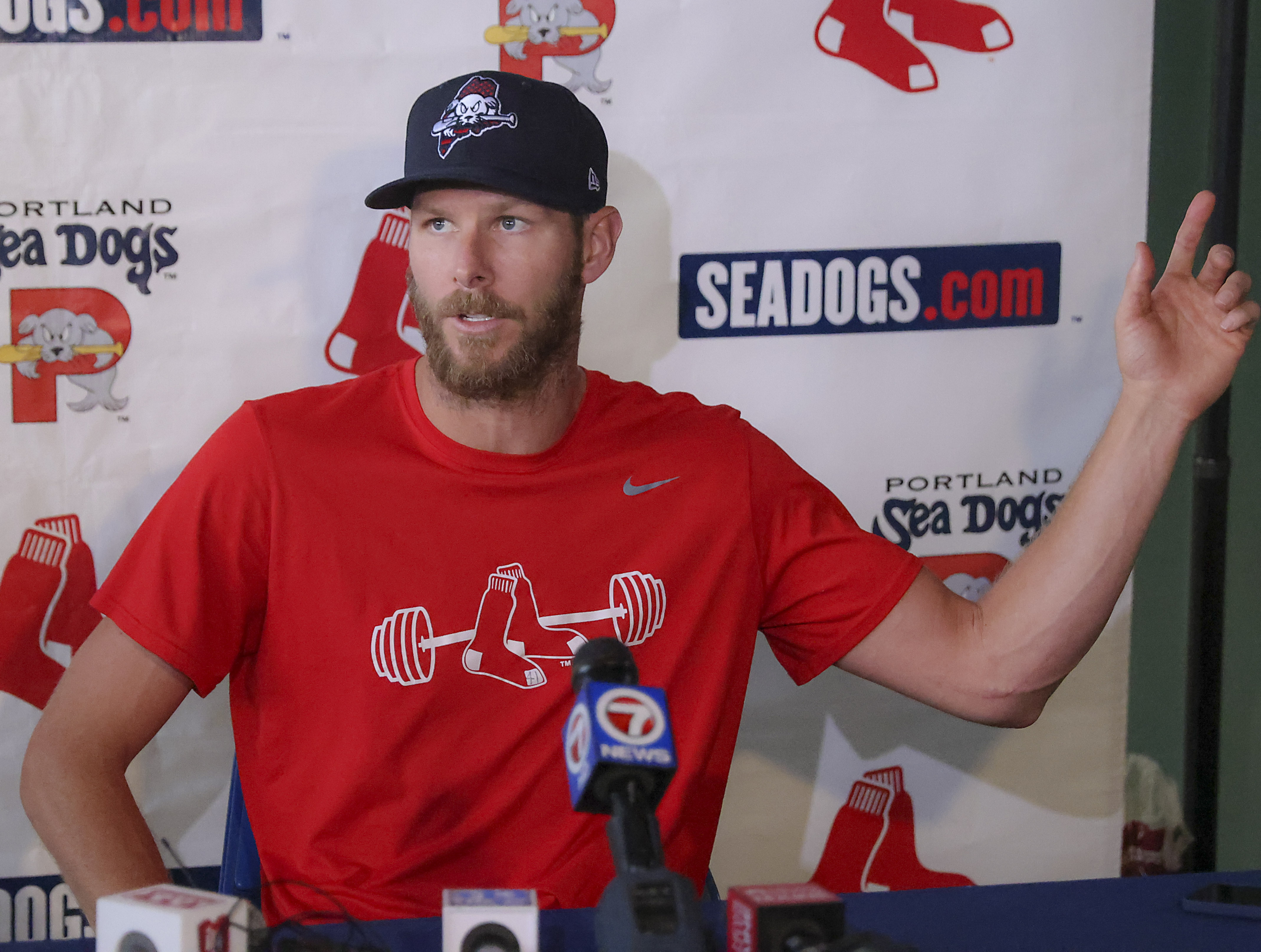 Portland, ME - July 20: Boston Red Sox pitcher Chris Sale during a press conference after pitching 3 2/1 hitless innings during a rehab appearance for the Portland Sea Dogs against the Harrisburg Senators during first inning action at Hadlock Stadium in Portland, ME on July 20, 2021. (Photo by Matthew J. Lee/The Boston Globe via Getty Images)