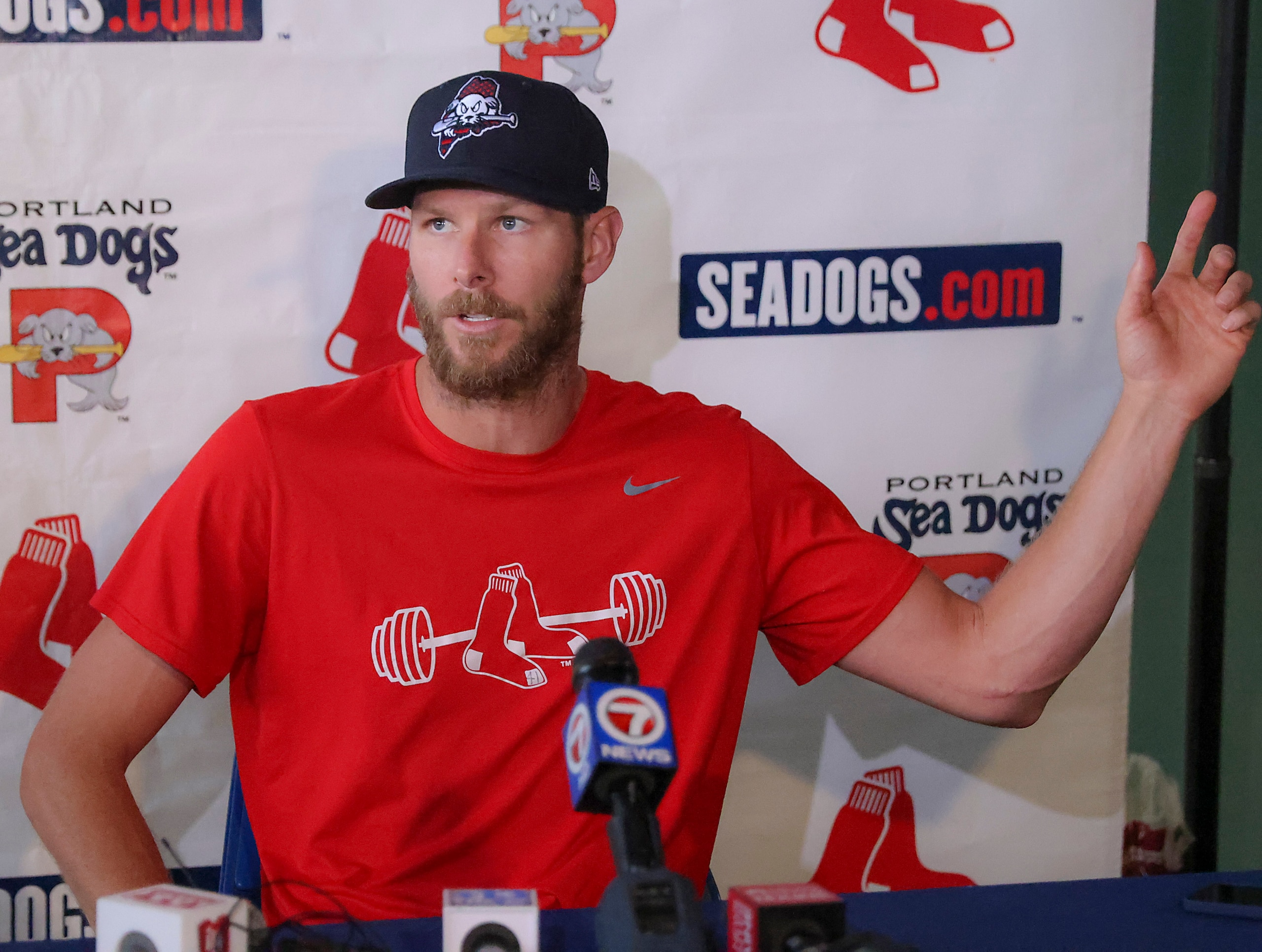 Portland, ME - July 20: Boston Red Sox pitcher Chris Sale during a press conference after pitching 3 2/1 hitless innings during a rehab appearance for the Portland Sea Dogs against the Harrisburg Senators during first inning action at Hadlock Stadium in Portland, ME on July 20, 2021. (Photo by Matthew J. Lee/The Boston Globe via Getty Images) Portland, ME - July 20: Boston Red Sox pitcher Chris Sale during a press conference after pitching 3 2/1 hitless innings during a rehab appearance for the Portland Sea Dogs against the Harrisburg Senators during first inning action at Hadlock Stadium in Portland, ME on July 20, 2021. (Photo by Matthew J. Lee/The Boston Globe via Getty Images)