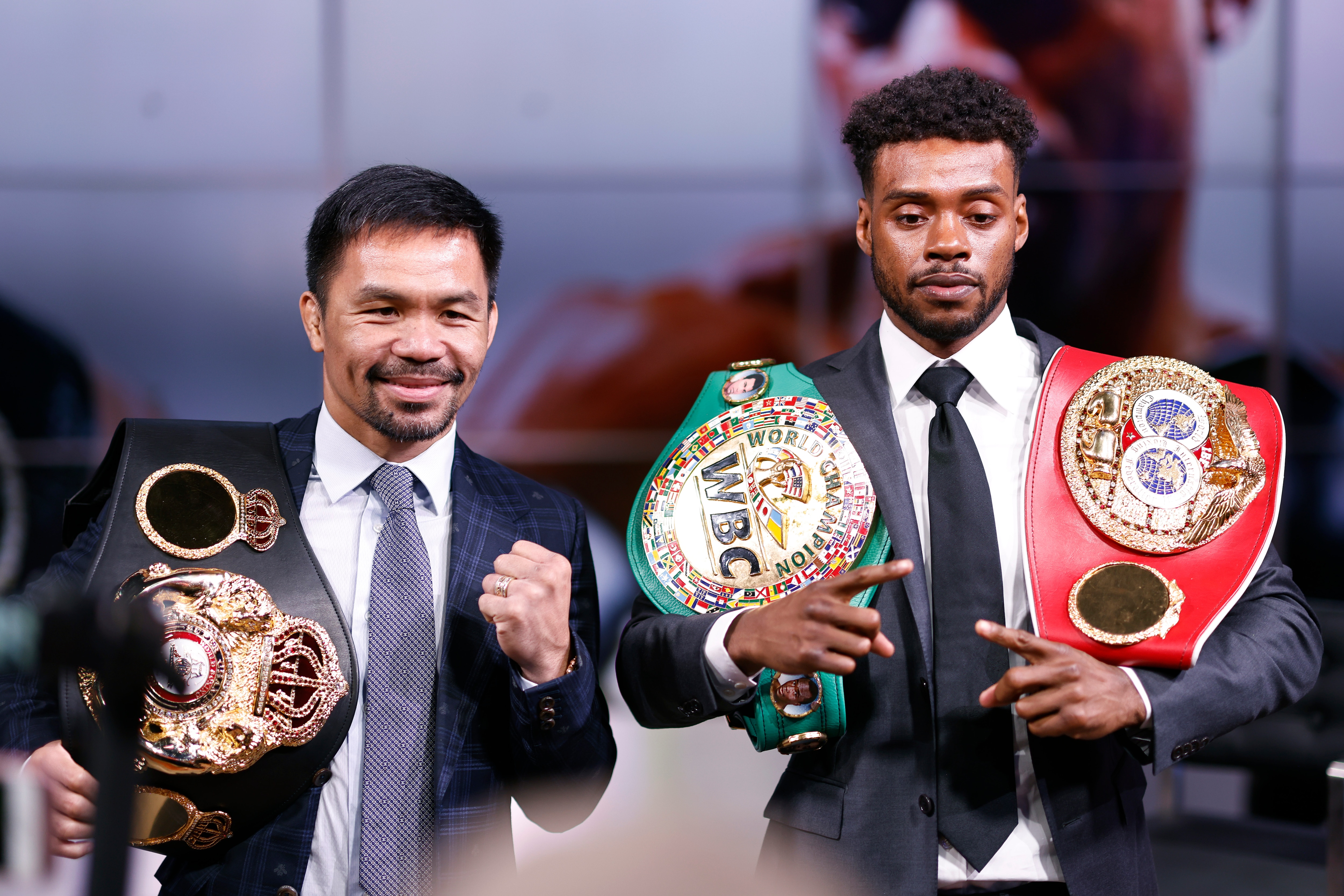 LOS ANGELES, CALIFORNIA - JULY 11: Manny Pacquiao and Errol Spence Jr pose for the media following their press conference at Fox Studios on July 11, 2021 in Los Angeles, California. Their fight is scheduled on Aug. 21, 2021 at T-Mobile Arena in Las Vegas, Nevada. (Photo by Michael Owens/Getty Images)