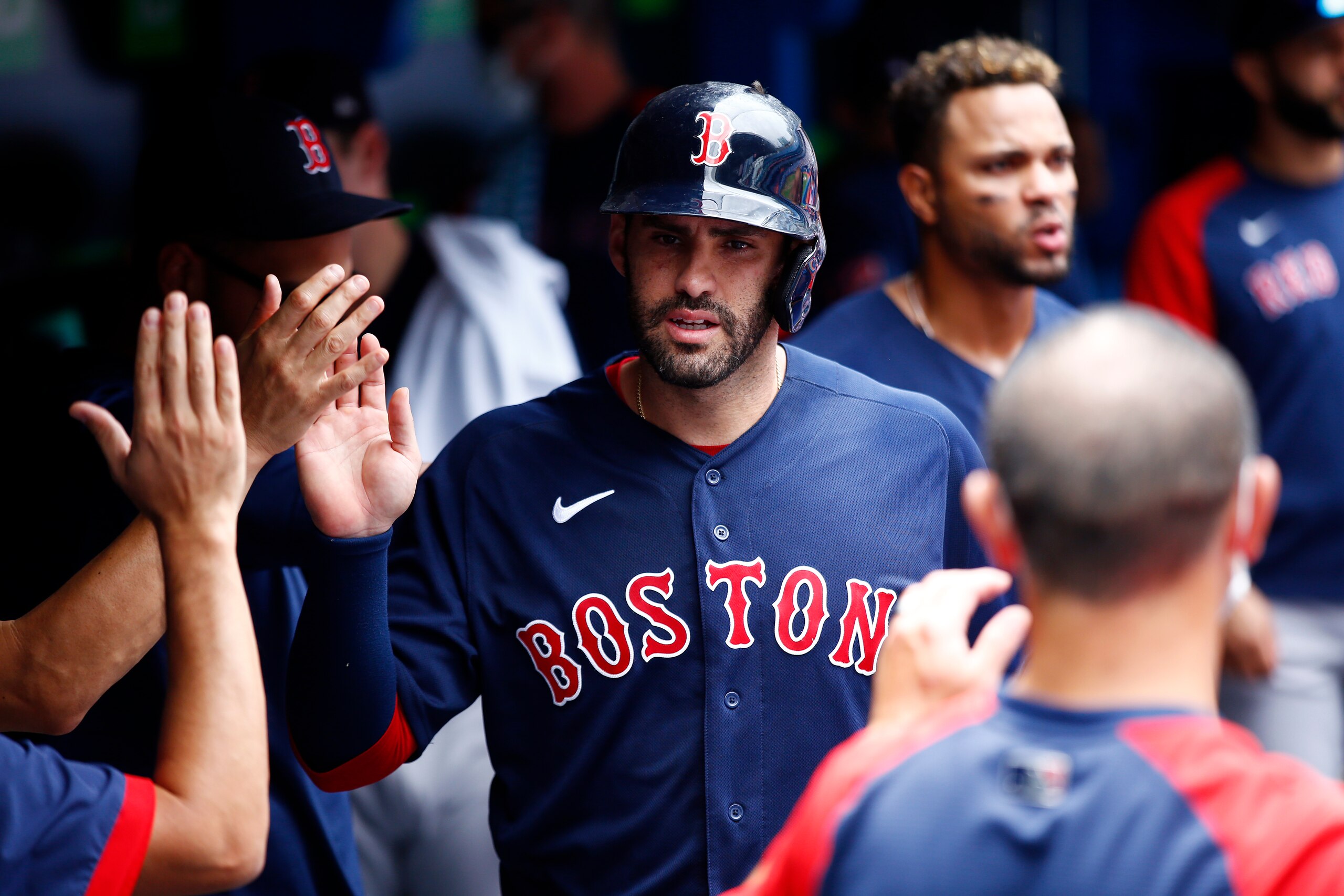 TORONTO, ON - AUGUST 08: J.D. Martinez #28 of the Boston Red Sox celebrates scoring a run on a single by Kevin Plawecki #25 in the second inning during a MLB game against the Toronto Blue Jays at Rogers Centre on August 08, 2021 in Toronto, Canada. (Photo by Vaughn Ridley/Getty Images) TORONTO, ON - AUGUST 08: J.D. Martinez #28 of the Boston Red Sox celebrates scoring a run on a single by Kevin Plawecki #25 in the second inning during a MLB game against the Toronto Blue Jays at Rogers Centre on August 08, 2021 in Toronto, Canada. (Photo by Vaughn Ridley/Getty Images)