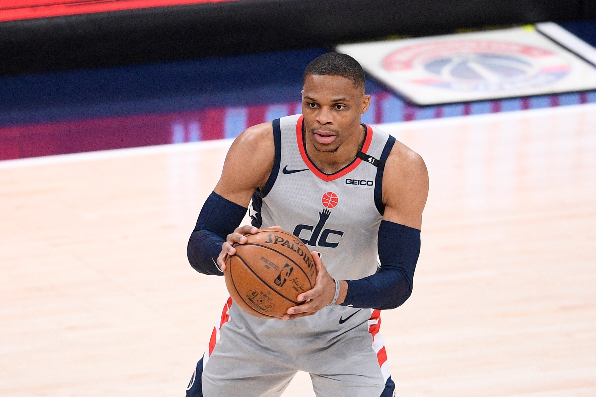 Washington Wizards guard Russell Westbrook (4) in action during the first half of Game 4 in a first-round NBA basketball playoff series against the Philadelphia 76ers, Monday, May 31, 2021, in Washington. (AP Photo/Nick Wass)