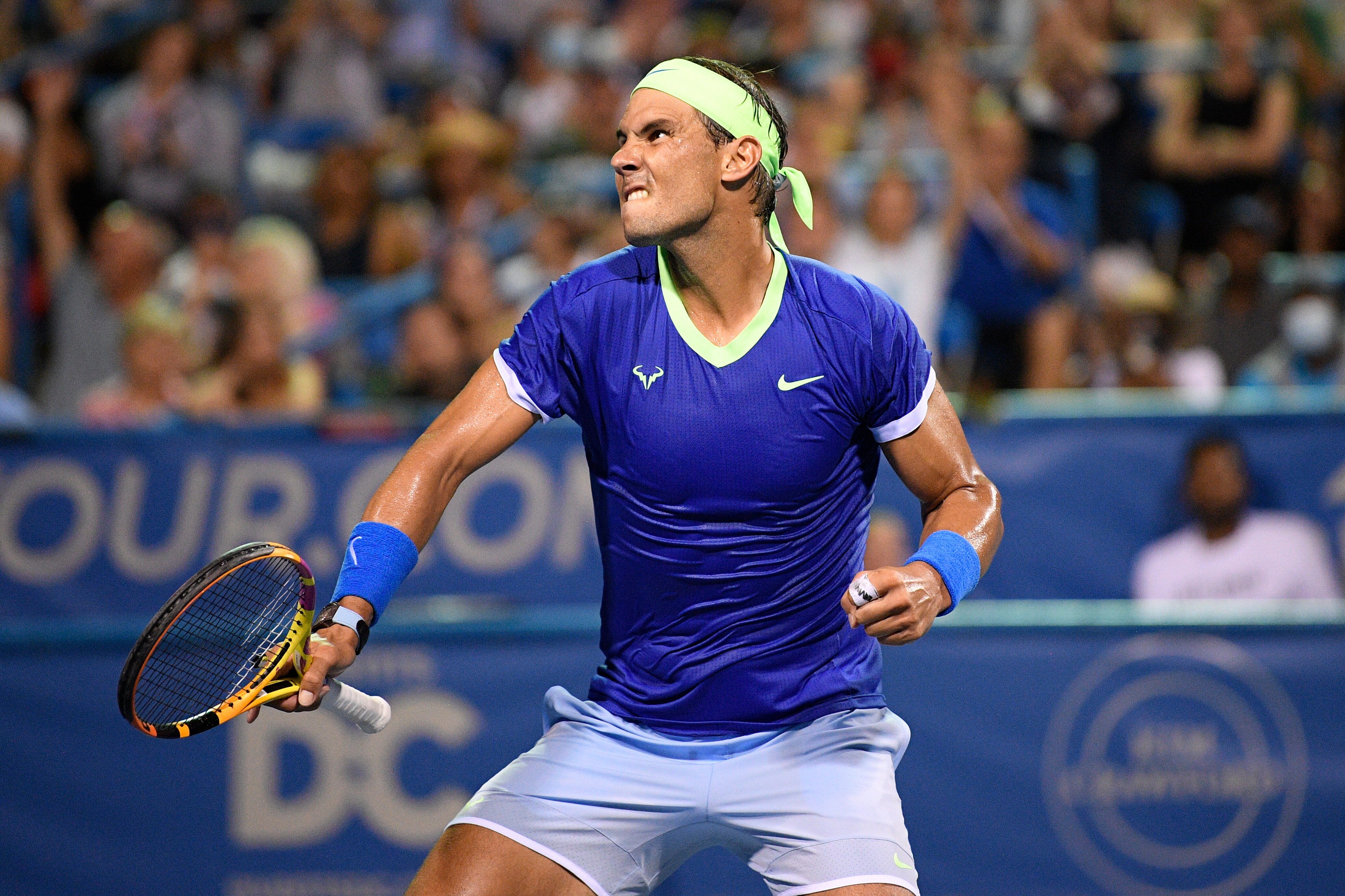 Rafael Nadal, of Spain, reacts during a match against Lloyd Harris, of South Africa, in the Citi Open tennis tournament, Thursday, Aug. 5, 2021, in Washington. Harris won 6-4, 1-6, 6-4. (AP Photo/Nick Wass)
