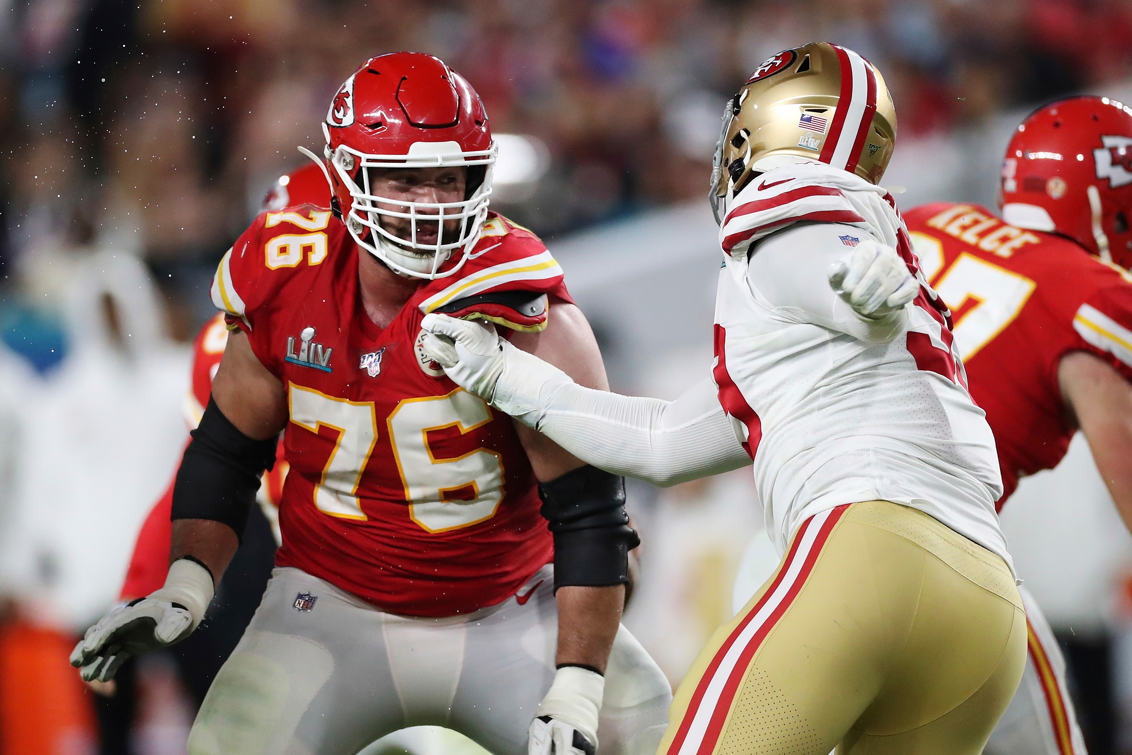 Kansas City Chiefs offensive guard Laurent Duvernay-Tardif (76) blocks San Francisco 49ers defensive tackle DeForest Buckner (99) during the second half of the NFL Super Bowl 54 football game between the San Francisco 49ers and Kansas City Chiefs Sunday, Feb. 2, 2020, in Miami Gardens, Fla. The Kansas City Chiefs won 31-20. (AP Photo/Steve Luciano)