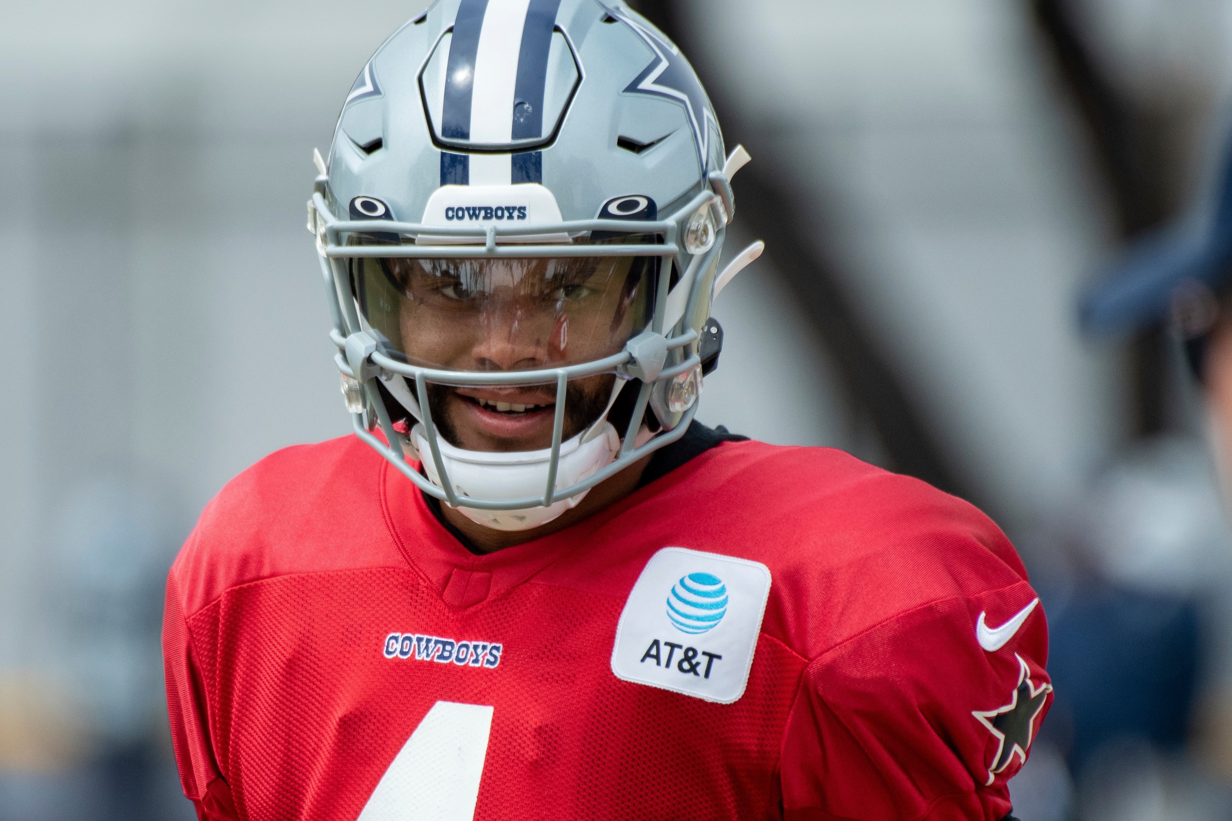 Dallas Cowboys quarterback Dak Prescott in action during practice at the NFL football team's training camp in Oxnard, Calif., Wednesday, July 28, 2021. (AP Photo/Michael Owen Baker)