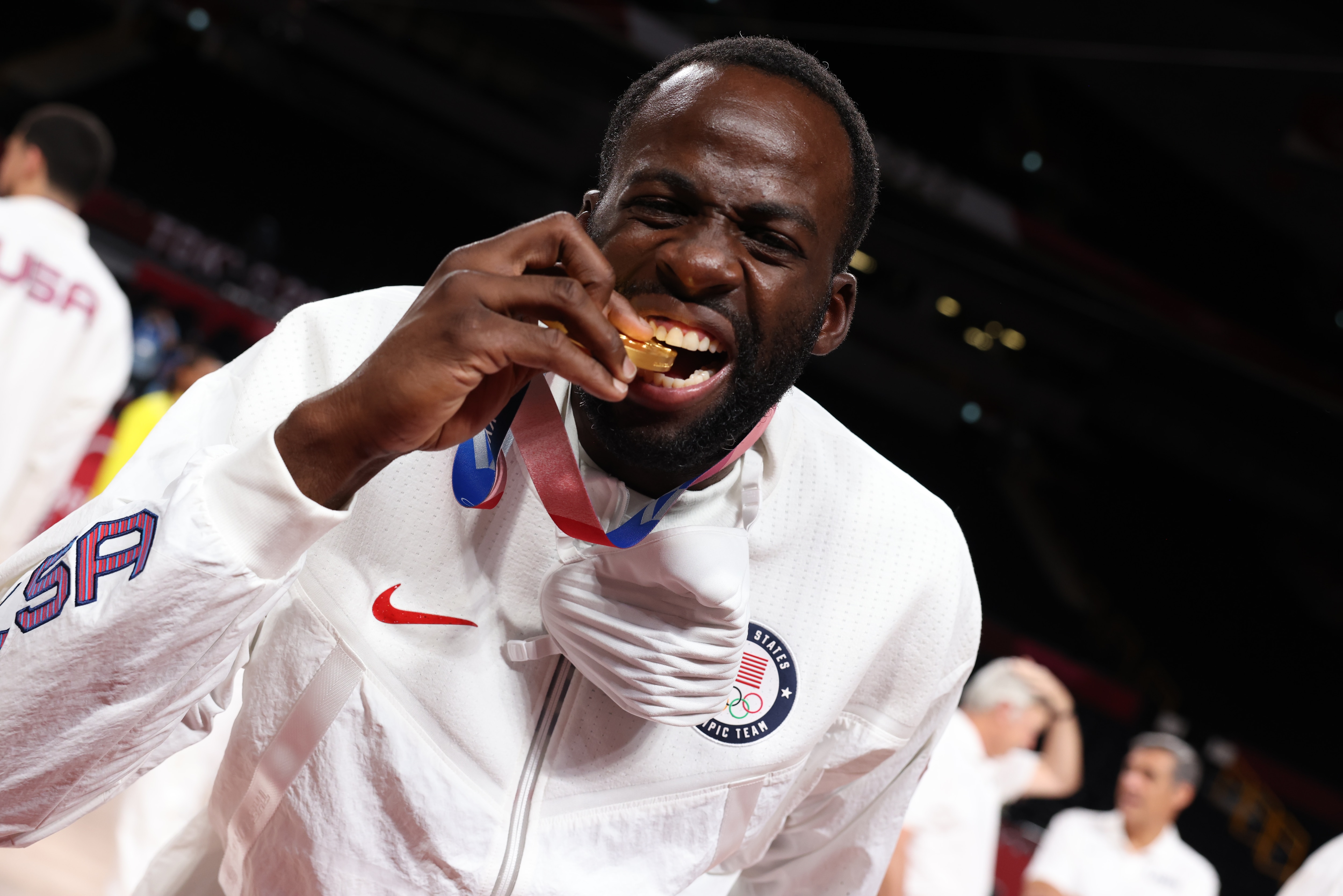 TOKYO, JAPAN - AUGUST 7: Draymond Green #14 of the USA Men's National Team poses for a picture during the Medal Ceremony of the 2020 Tokyo Olympics at the Saitama Super Arena on August 7, 2021 in Tokyo, Japan. NOTE TO USER: User expressly acknowledges and agrees that, by downloading and/or using this Photograph, user is consenting to the terms and conditions of the Getty Images License Agreement. Mandatory Copyright Notice: Copyright 2021 NBAE (Photo by Ned Dishman/NBAE via Getty Images)