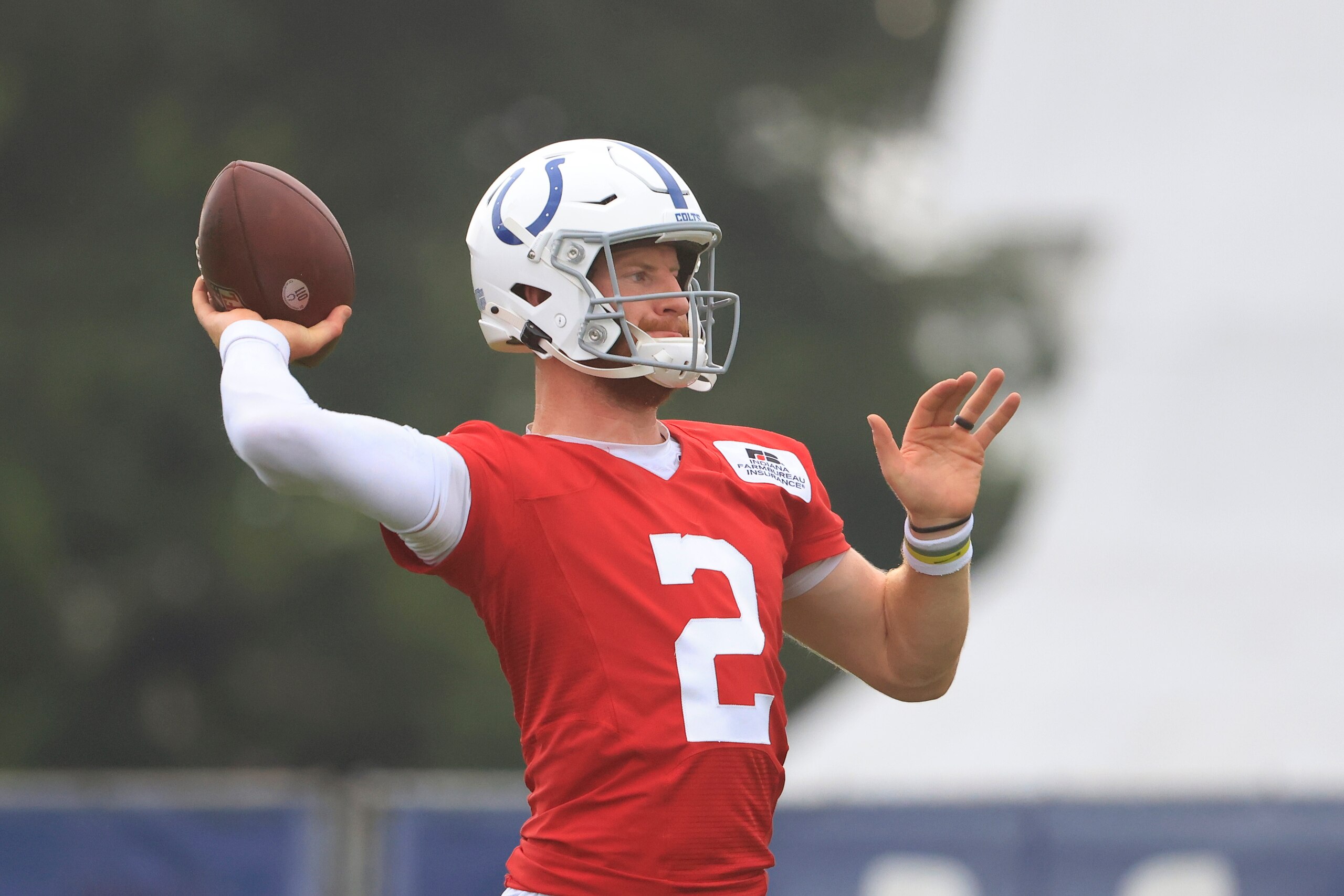 WESTFIELD, INDIANA - JULY 29: Carson Wentz #2 of the Indianapolis Colts throws a pass during the Indianapolis Colts Training Camp at Grand Park on July 29, 2021 in Westfield, Indiana. (Photo by Justin Casterline/Getty Images) WESTFIELD, INDIANA - JULY 29: Carson Wentz #2 of the Indianapolis Colts throws a pass during the Indianapolis Colts Training Camp at Grand Park on July 29, 2021 in Westfield, Indiana. (Photo by Justin Casterline/Getty Images)