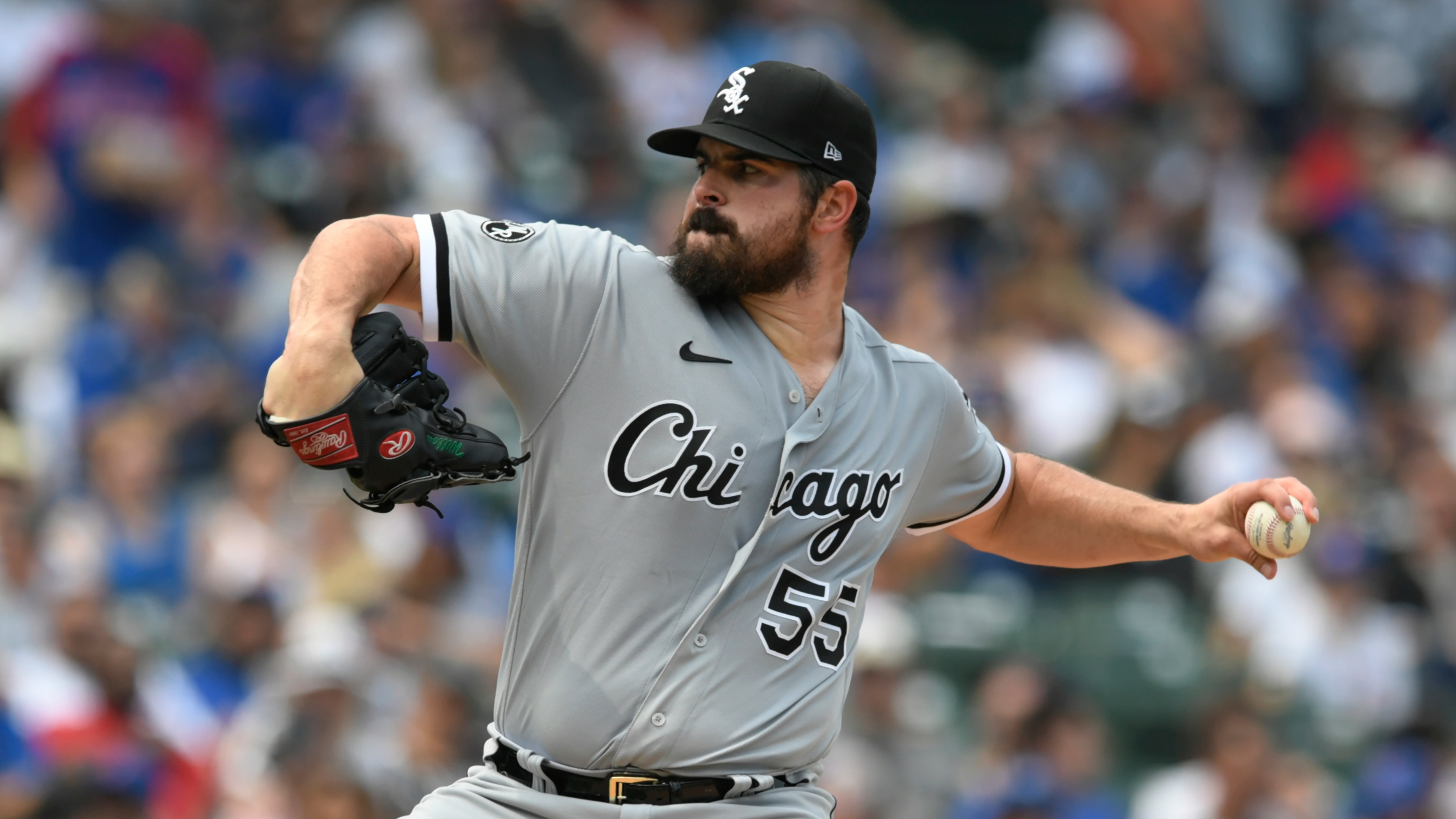 Chicago White Sox opener Carlos Rodon delivers a pitch during the first inning of a baseball game against the Chicago Cubs Saturday, Aug 7, 2021, at Wrigley Field in Chicago. The White Sox won 4-0. (AP Photo/Paul Beaty)